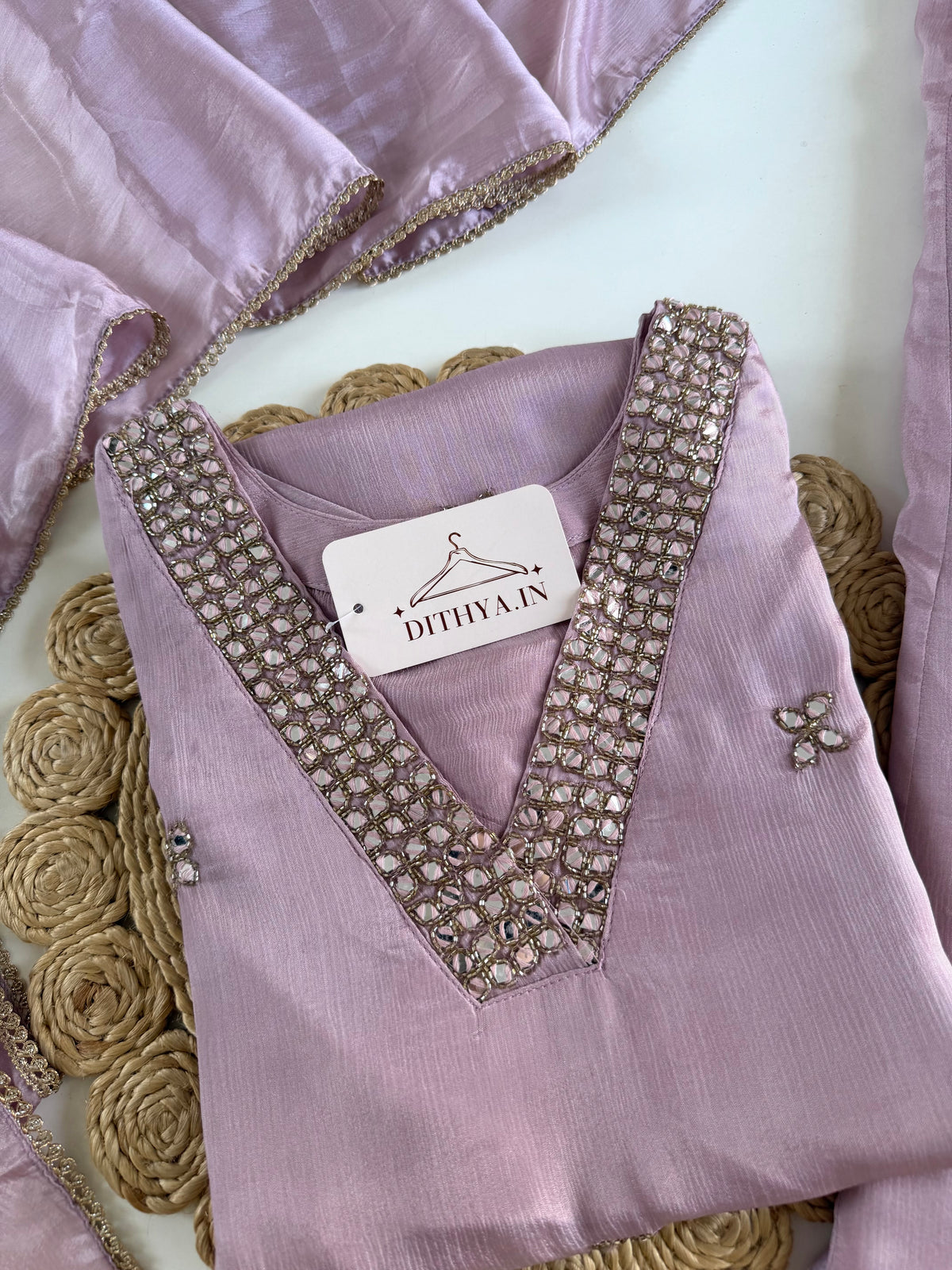 K376 - Pure Chinnon mirror handwork short Kurti with divider pants and dupatta