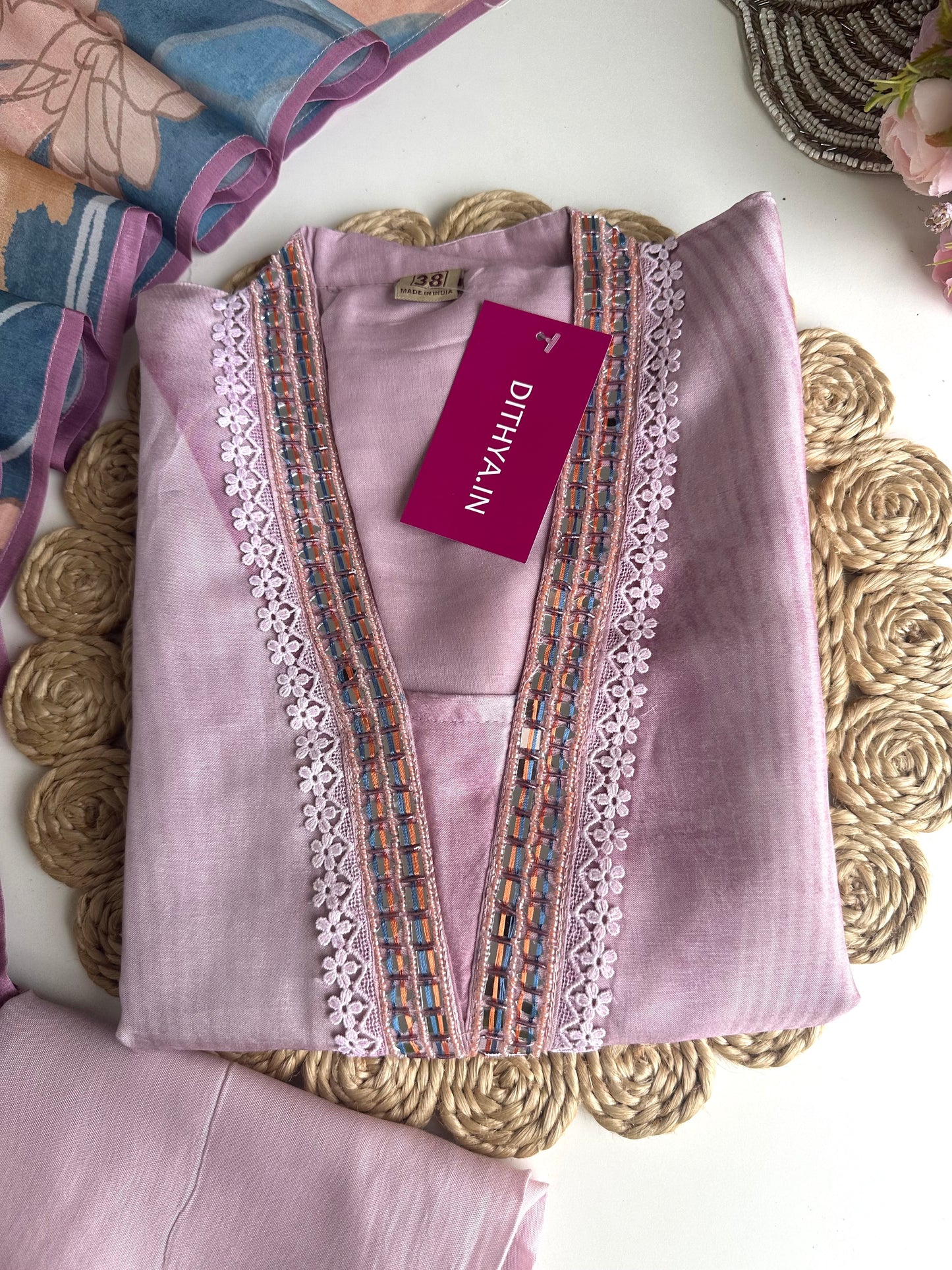 K070 - Russian silk Floral handwork Aline Kurti with pants and dupatta