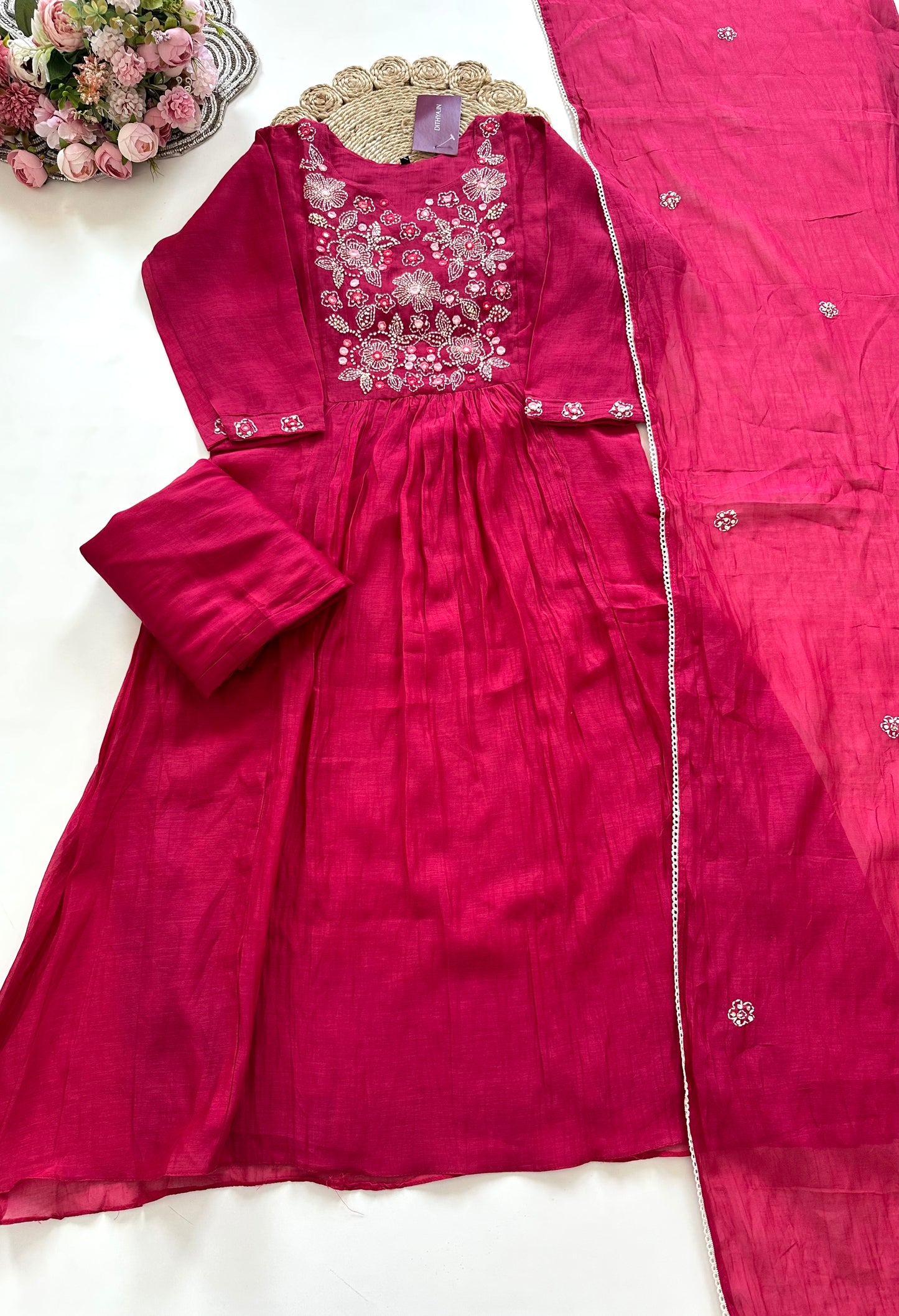 K223 - Mul Chanderi Embroidered Aline Kurti with pants and dupatta