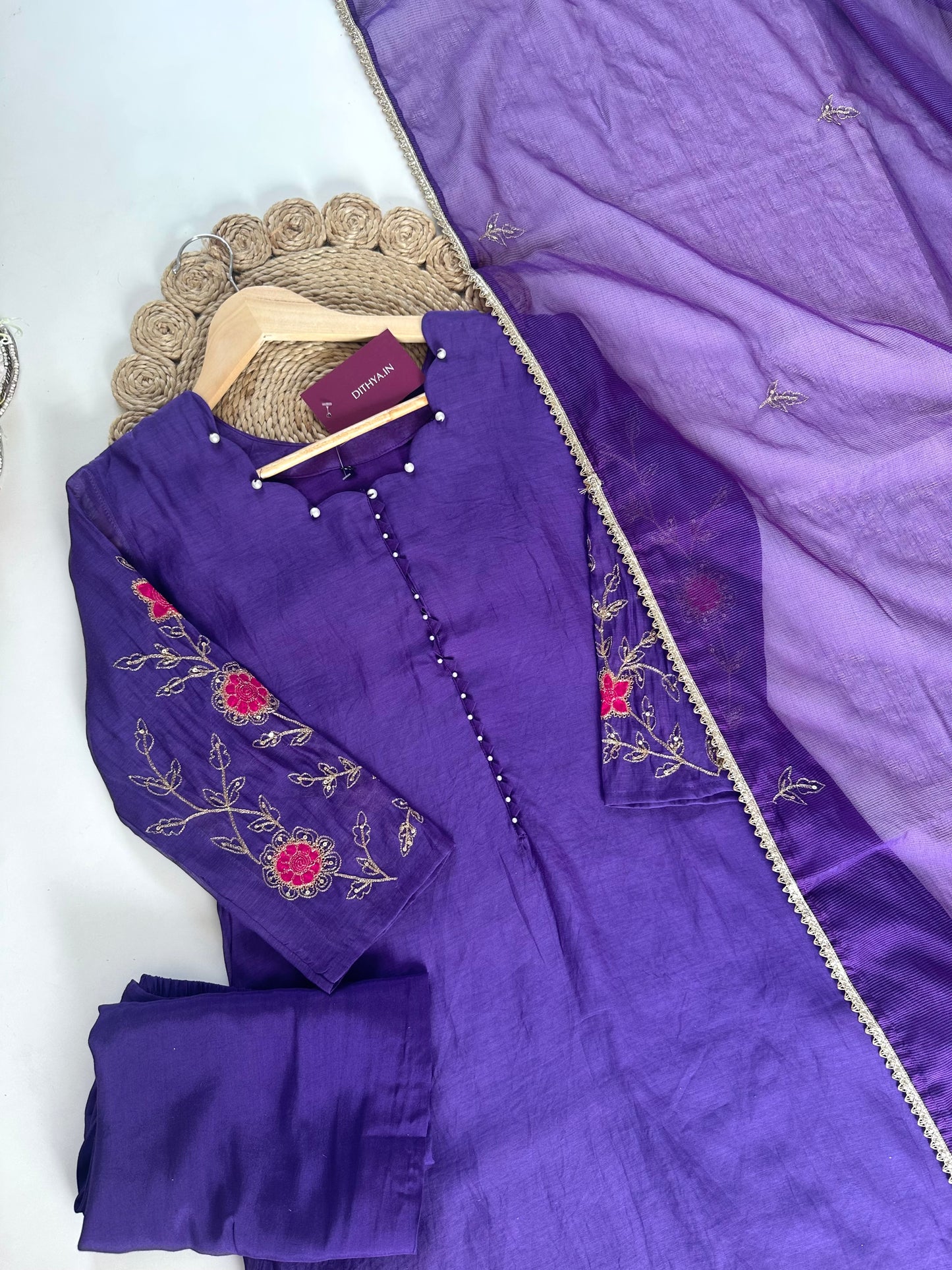 K205 - Mul Chanderi Handwork Aline Kurti with pants and dupatta .