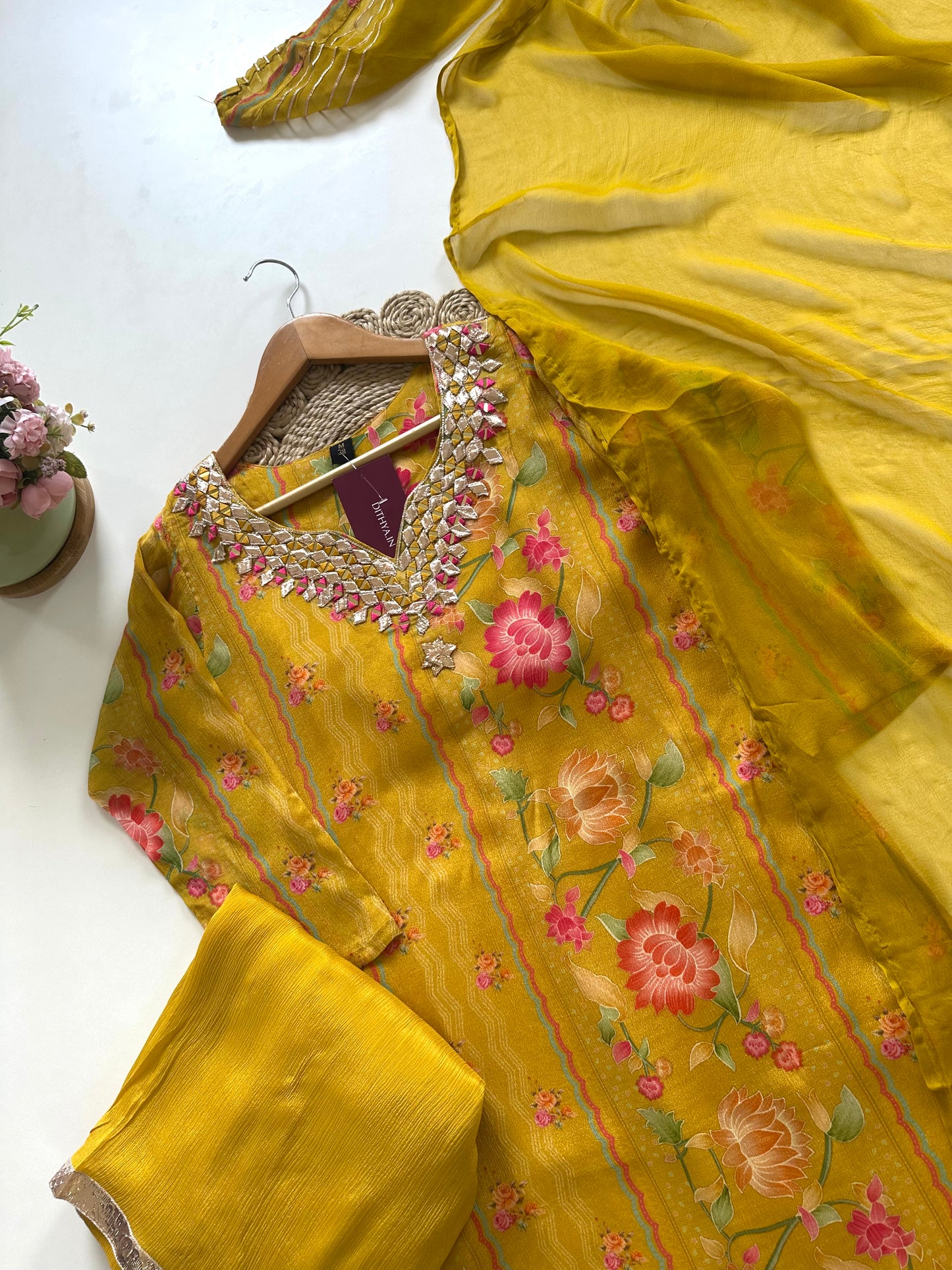 K239 - Chinnon Floral Gota work kurti with palazzo and dupatta.