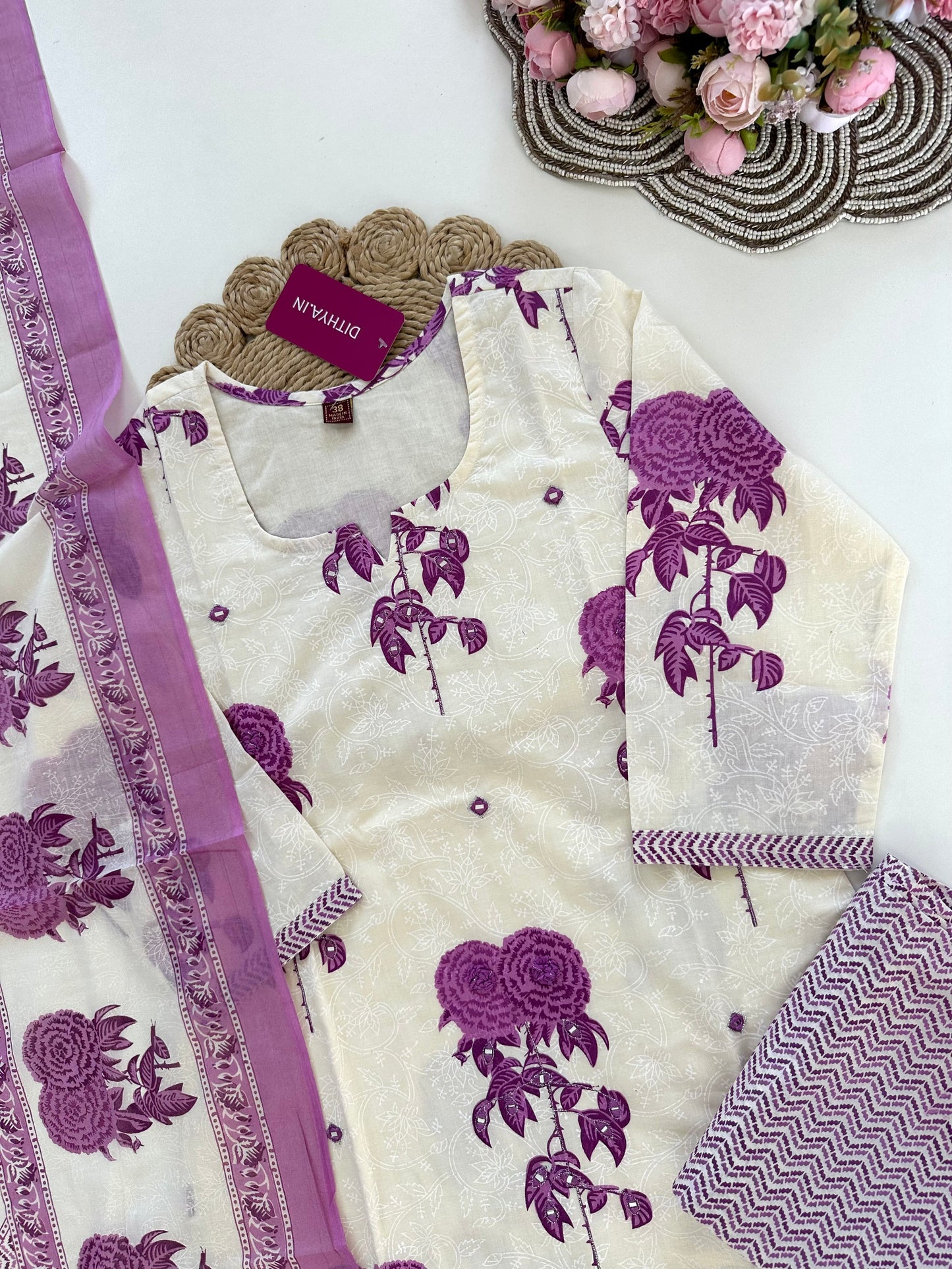 K205 - Cotton printed straight Kurti with pants and dupatta
