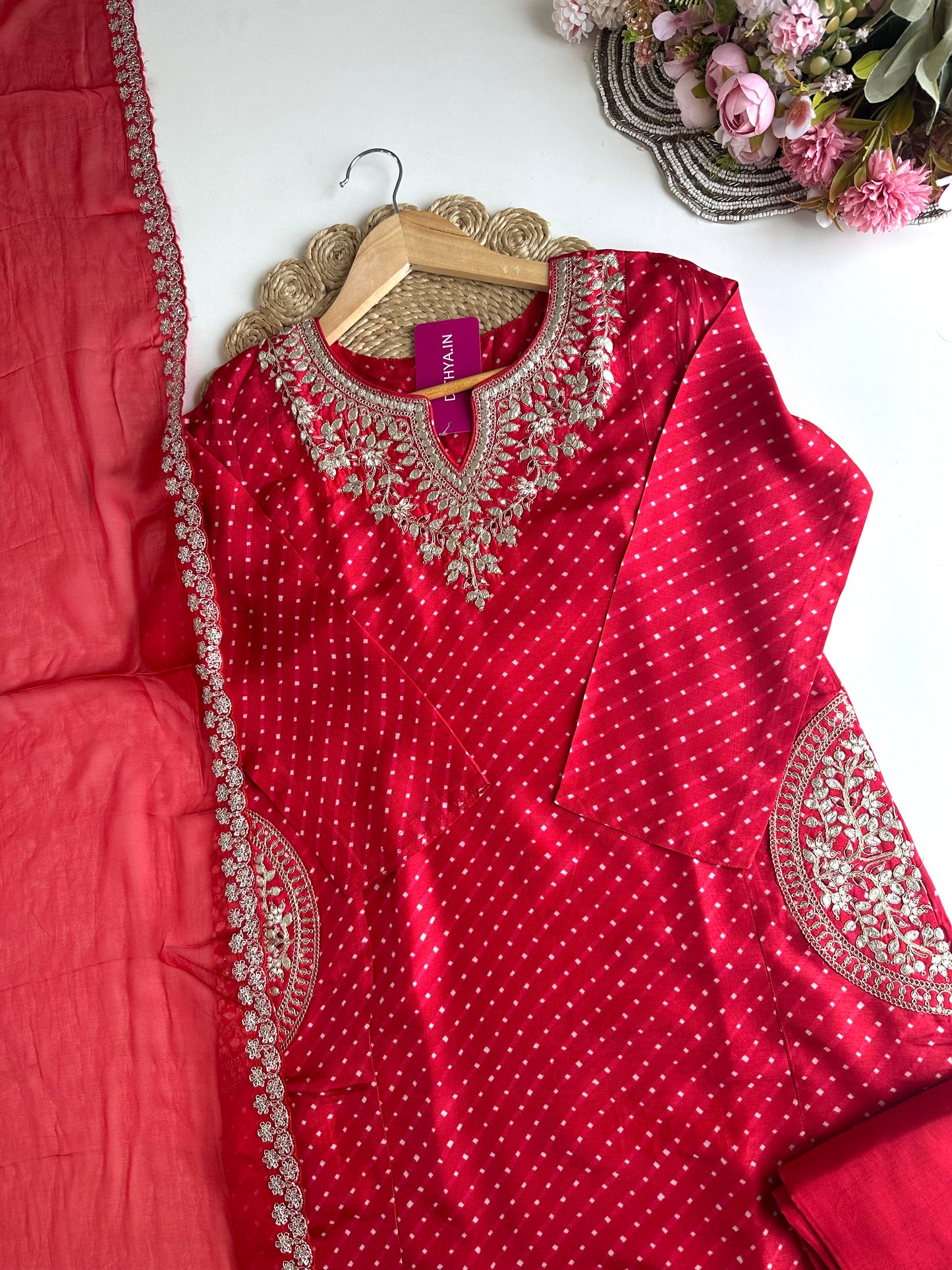 K341 - Russian silk gota work straight Kurti with pants and dupatta