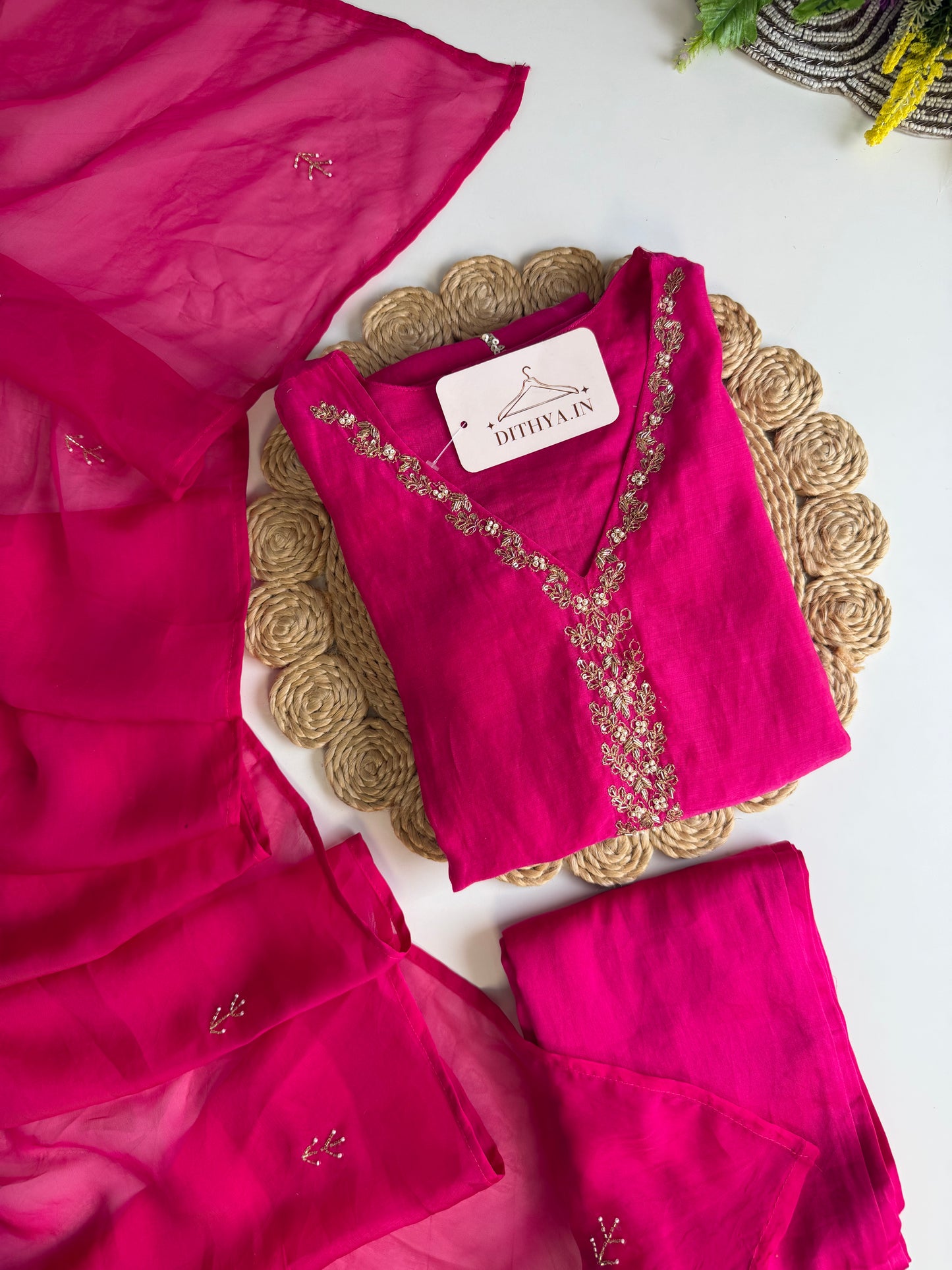K074 - Mul chanderi handwork Aline Kurti with pants and dupatta