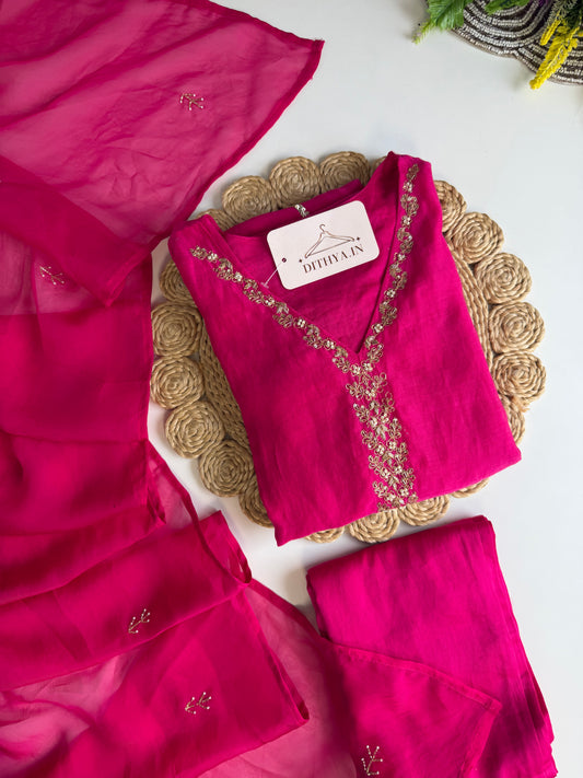 K074 - Mul chanderi handwork Aline Kurti with pants and dupatta