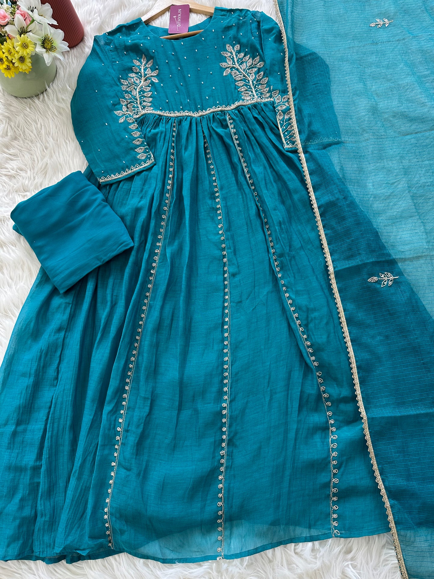 K016 - Mul Chanderi zardosi Anarkali with pants and dupatta