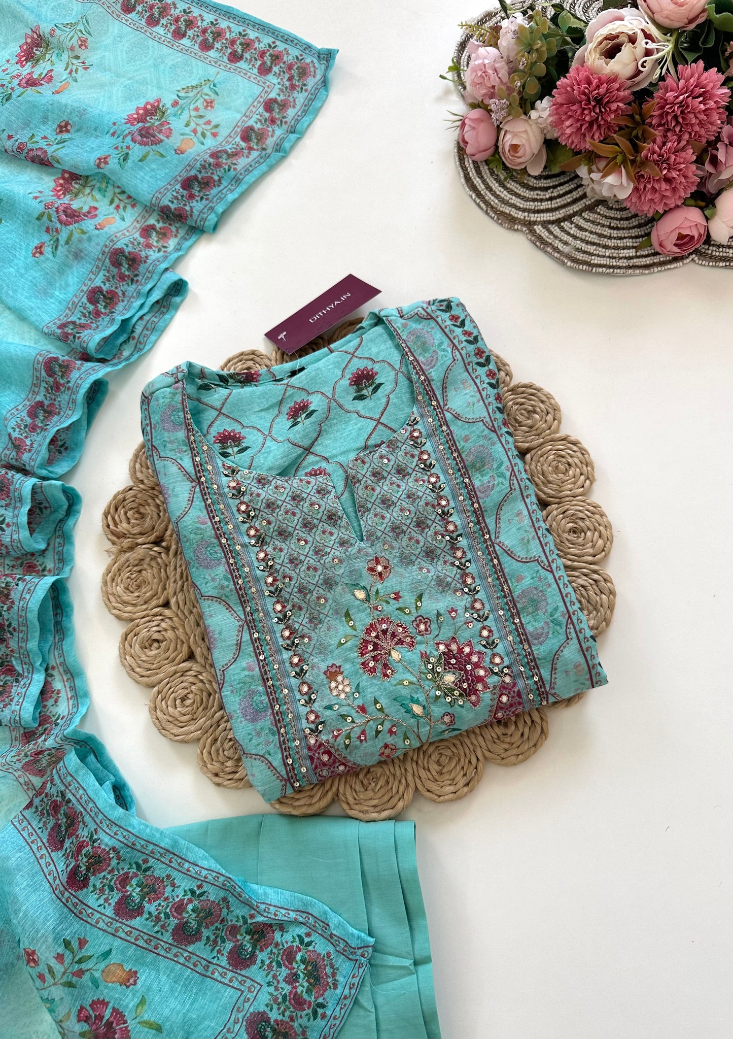 K027 - Soft chanderi handwork straight Kurti with  pants and dupatta in 2 colours