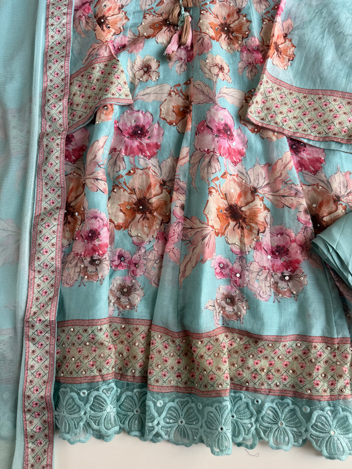 K719 - Floral Pure muslin embroidered farshi salwar with pants and dupatta