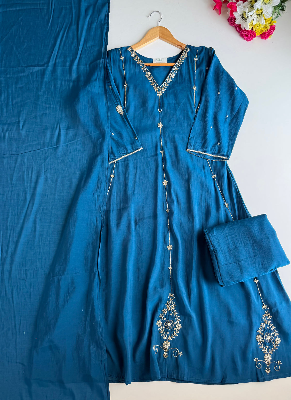 K690 - Surat mul chanderi handwork aline Kurti with pants and dupatta
