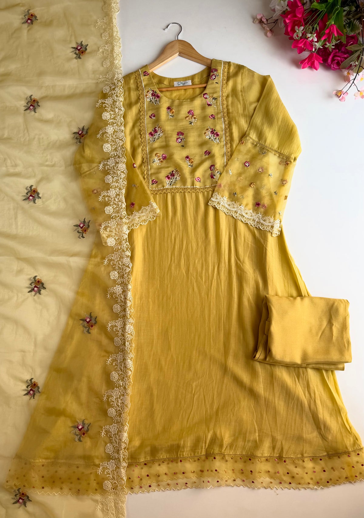 K602 - Mul chanderi embroidered net lace work Aline Kurti with pants and dupatta
