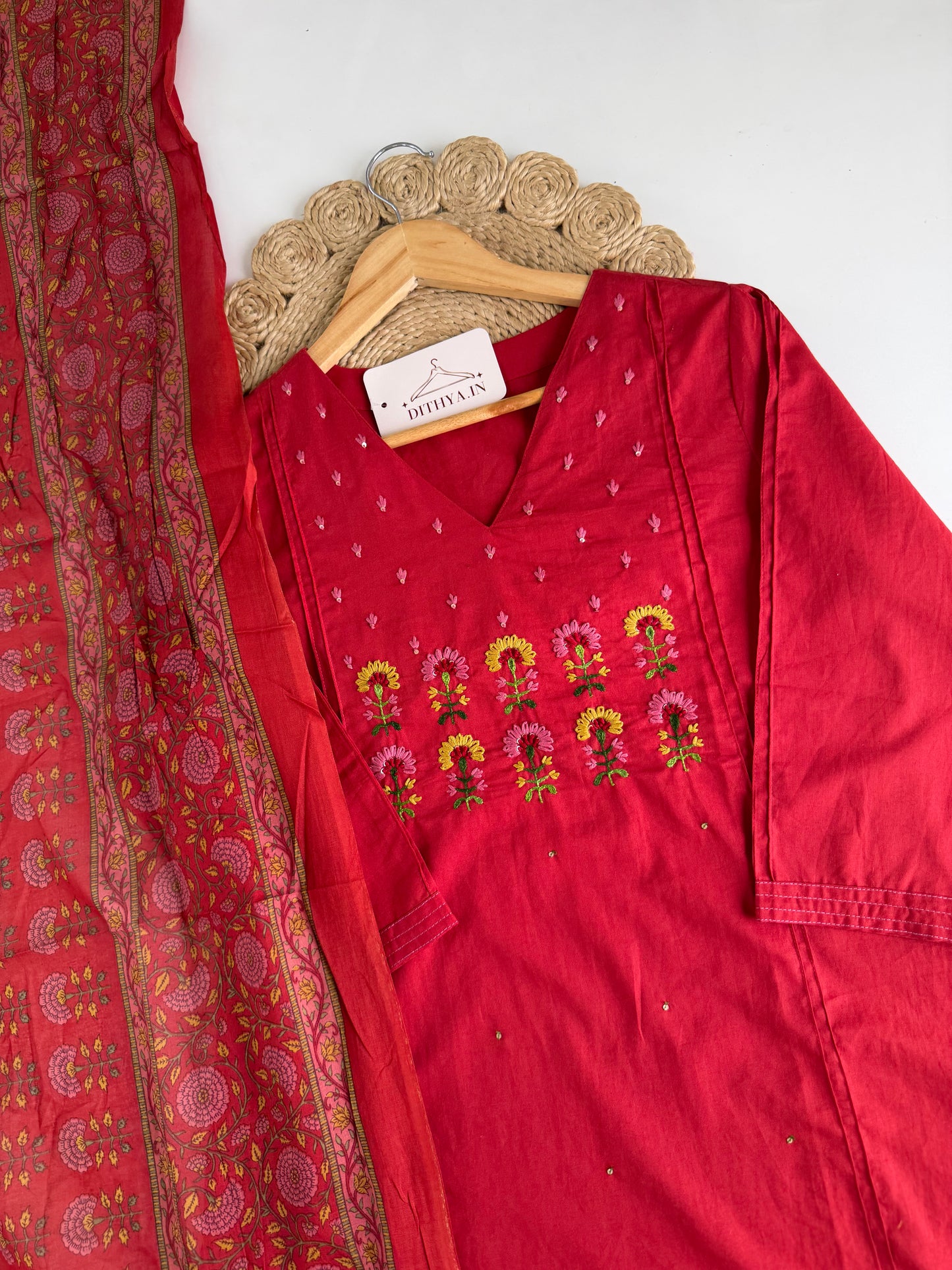 K555 - Mul cotton embroidered straight Kurti with pants and dupatta