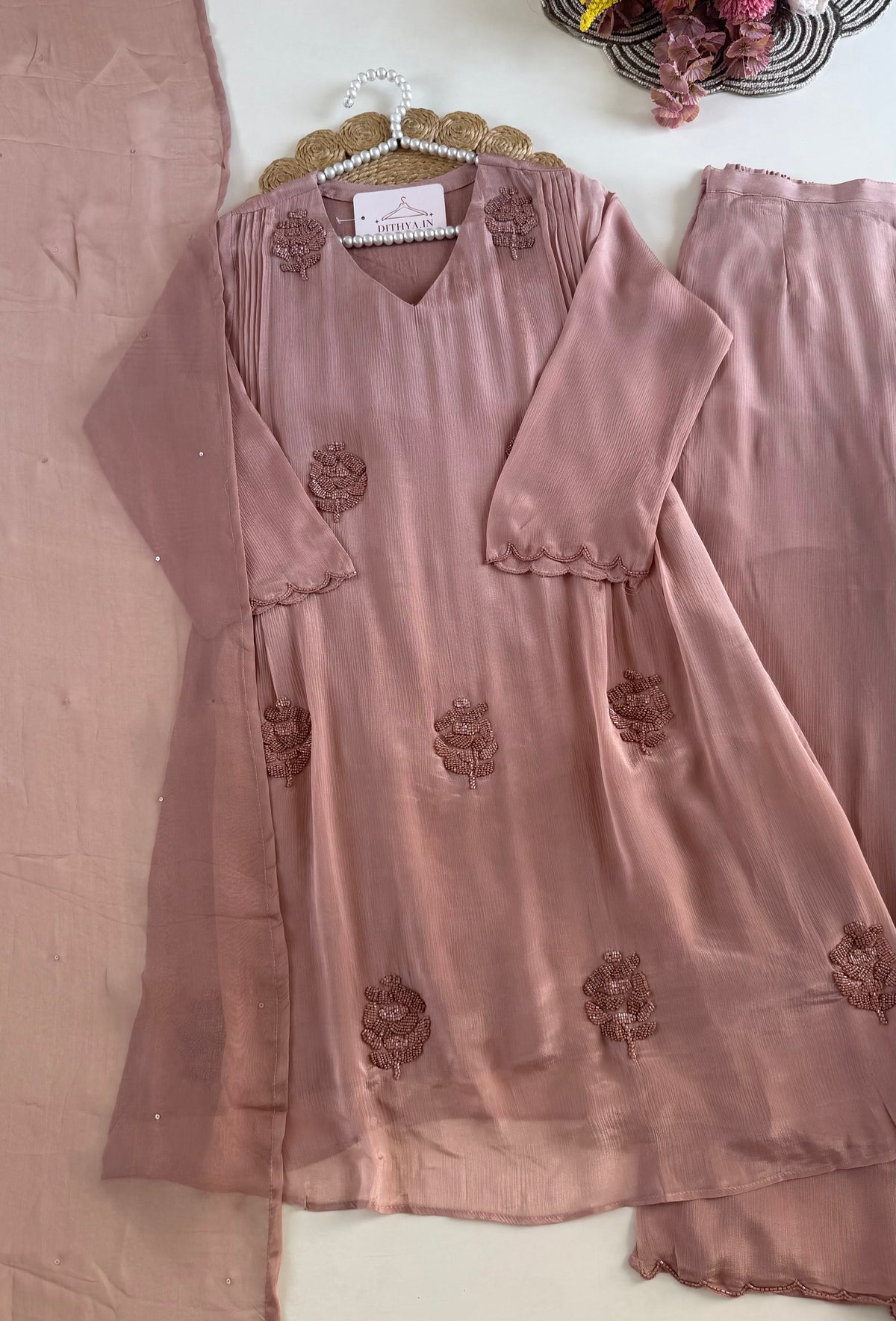 K104 - Pure Chinnon handwork short Kurti with divider pants and dupatta