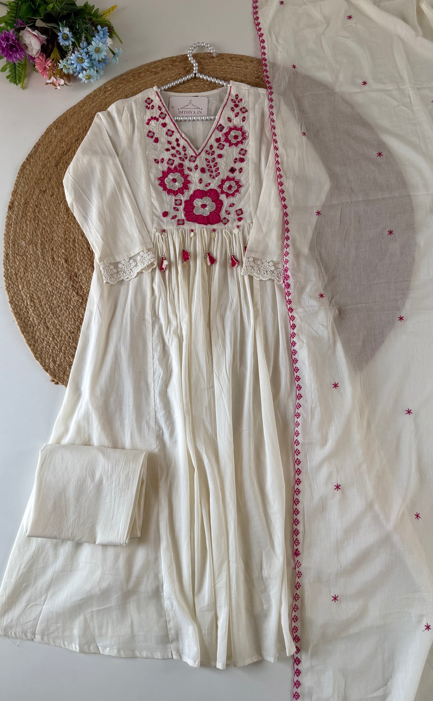 K591 - Mulmul cotton embroidered Anarkali with pants and dupatta