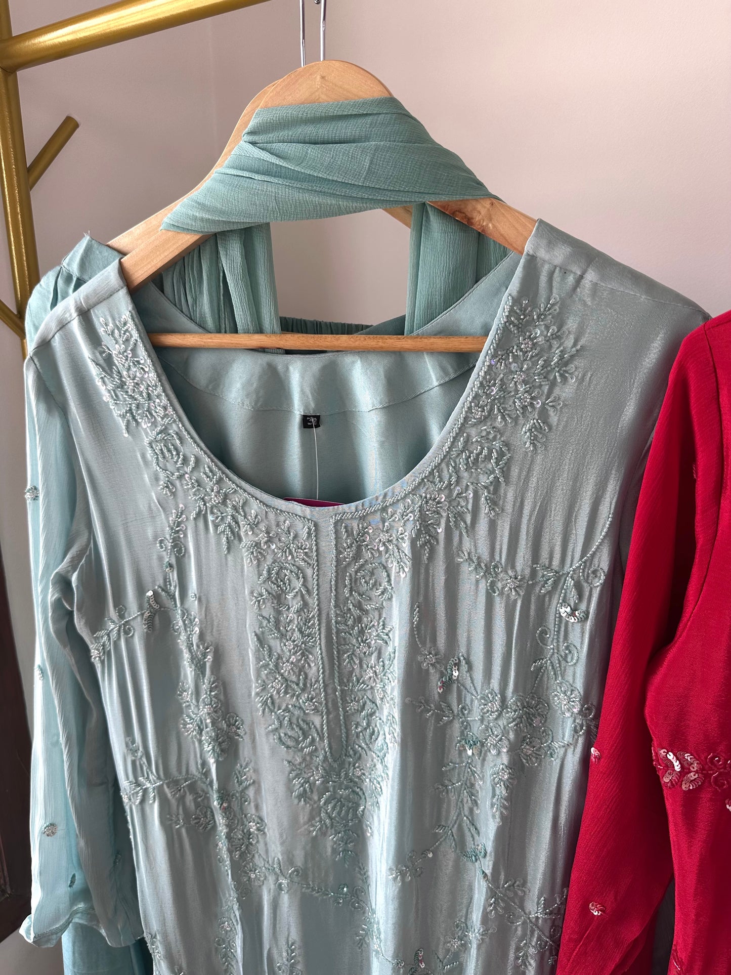 K256 - Chinnon Handwork Kurti with palazzo pants and chiffon dupatta