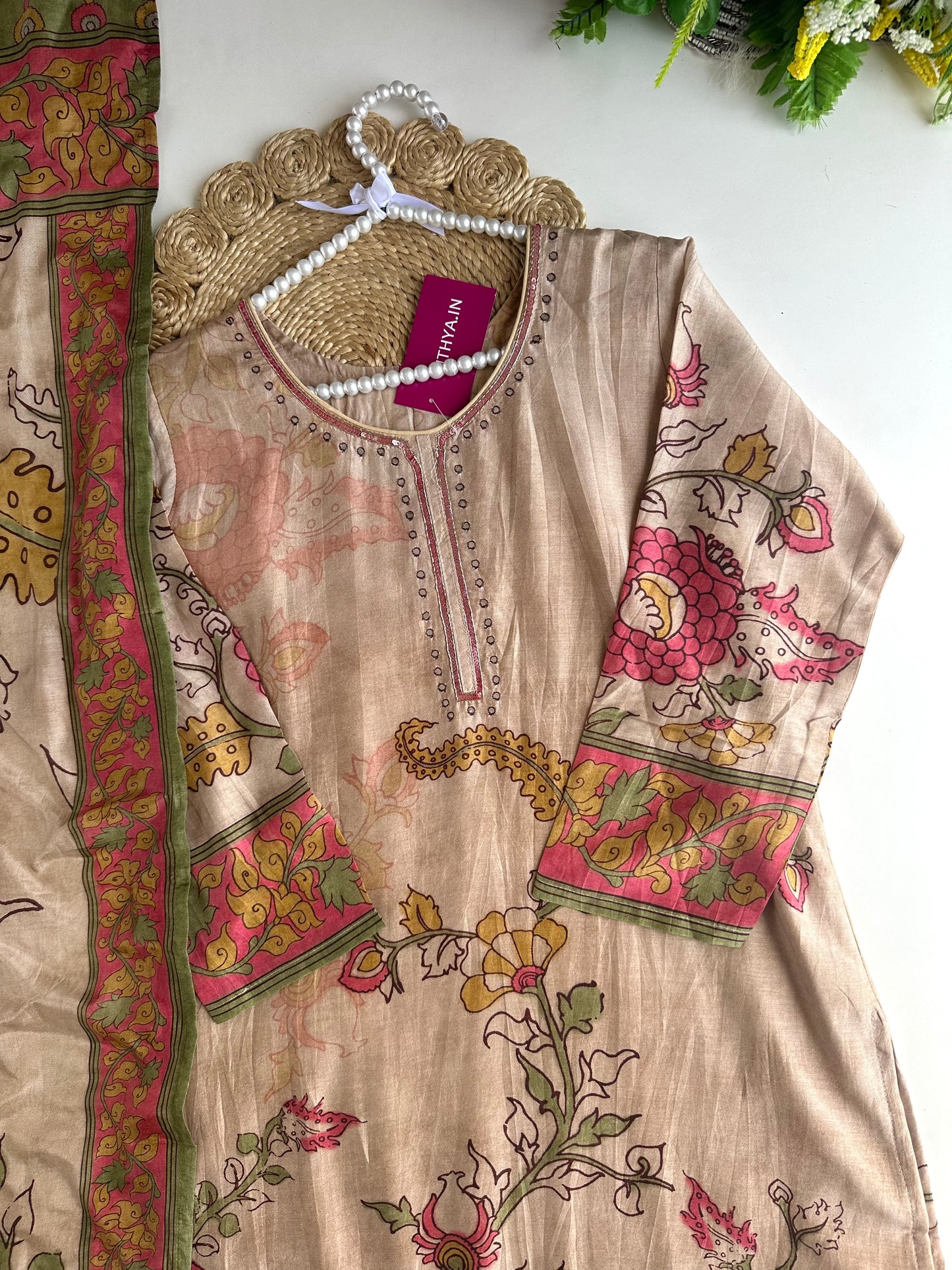 K010 - Pure muslin printed straight Kurti with pants and dupatta