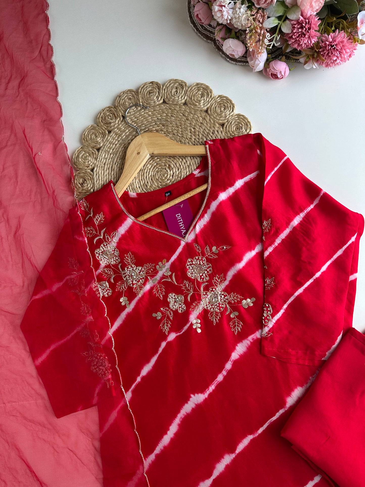 K016 - Russian silk leheriya handwork Straight Kurti with pants and dupatta in 2 styles
