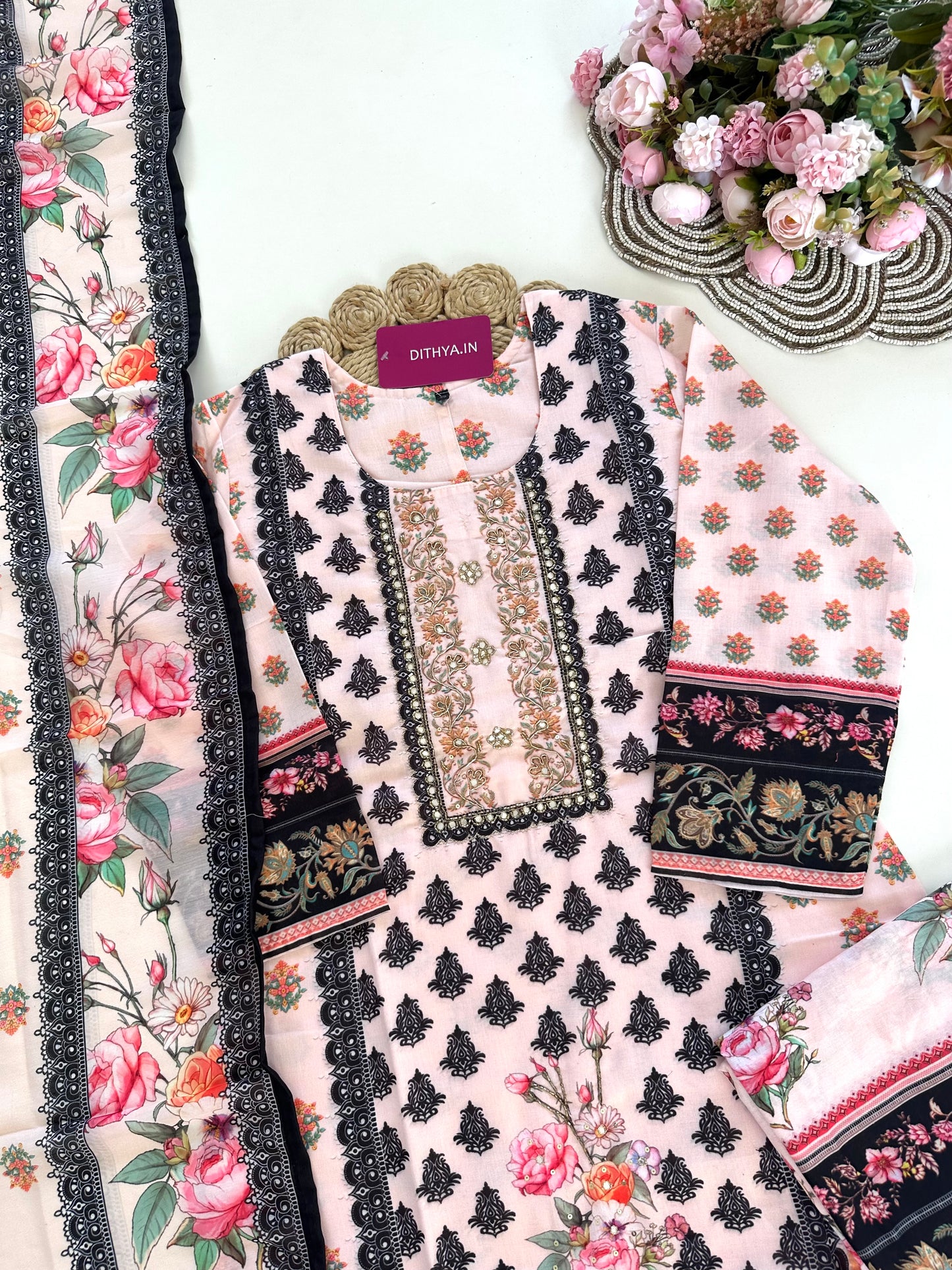 K404 - Cotton Handwork straight Kurti with pants and dupatta