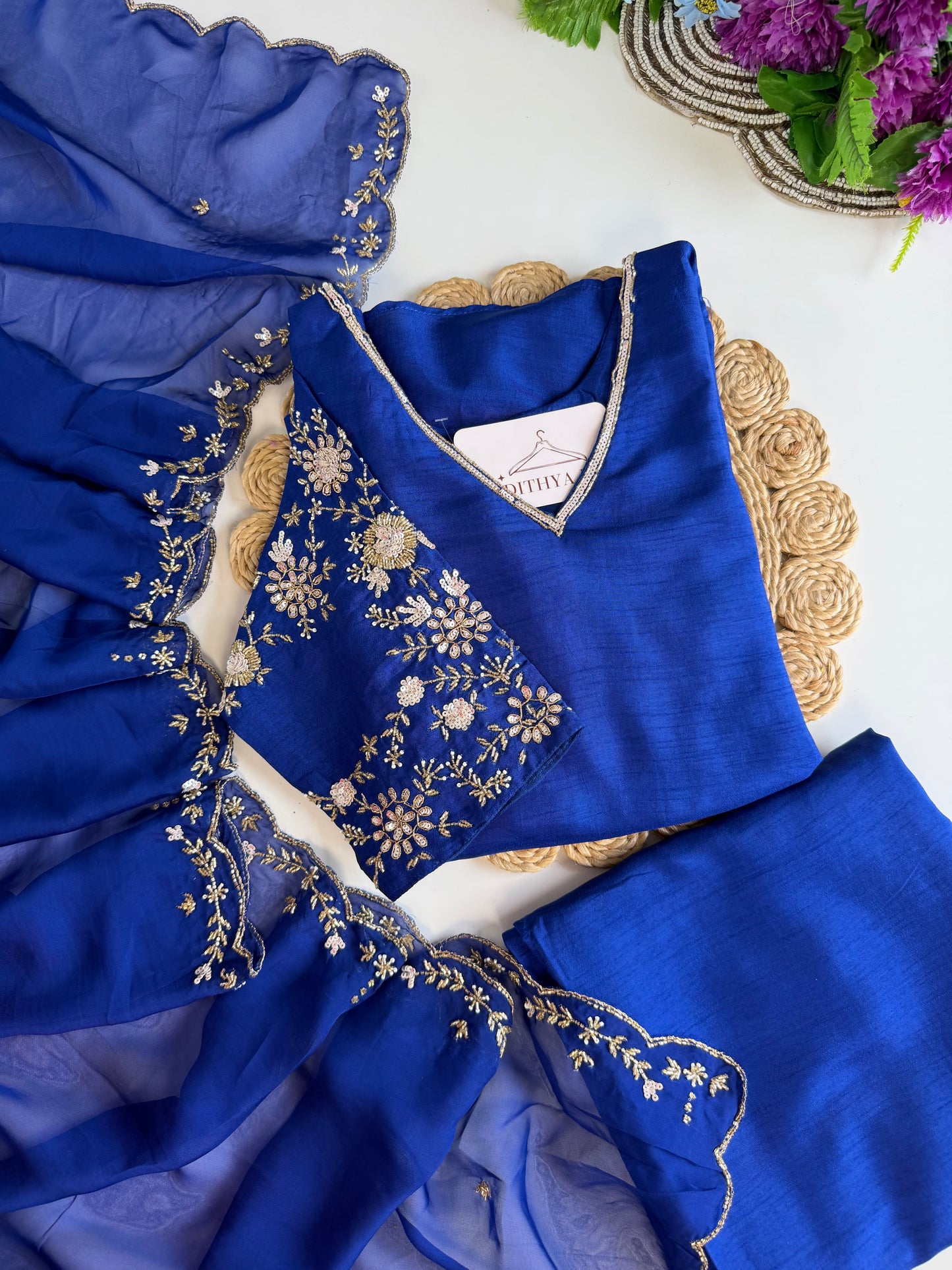 K544 - Russian silk handwork Aline Kurti with pants and dupatta