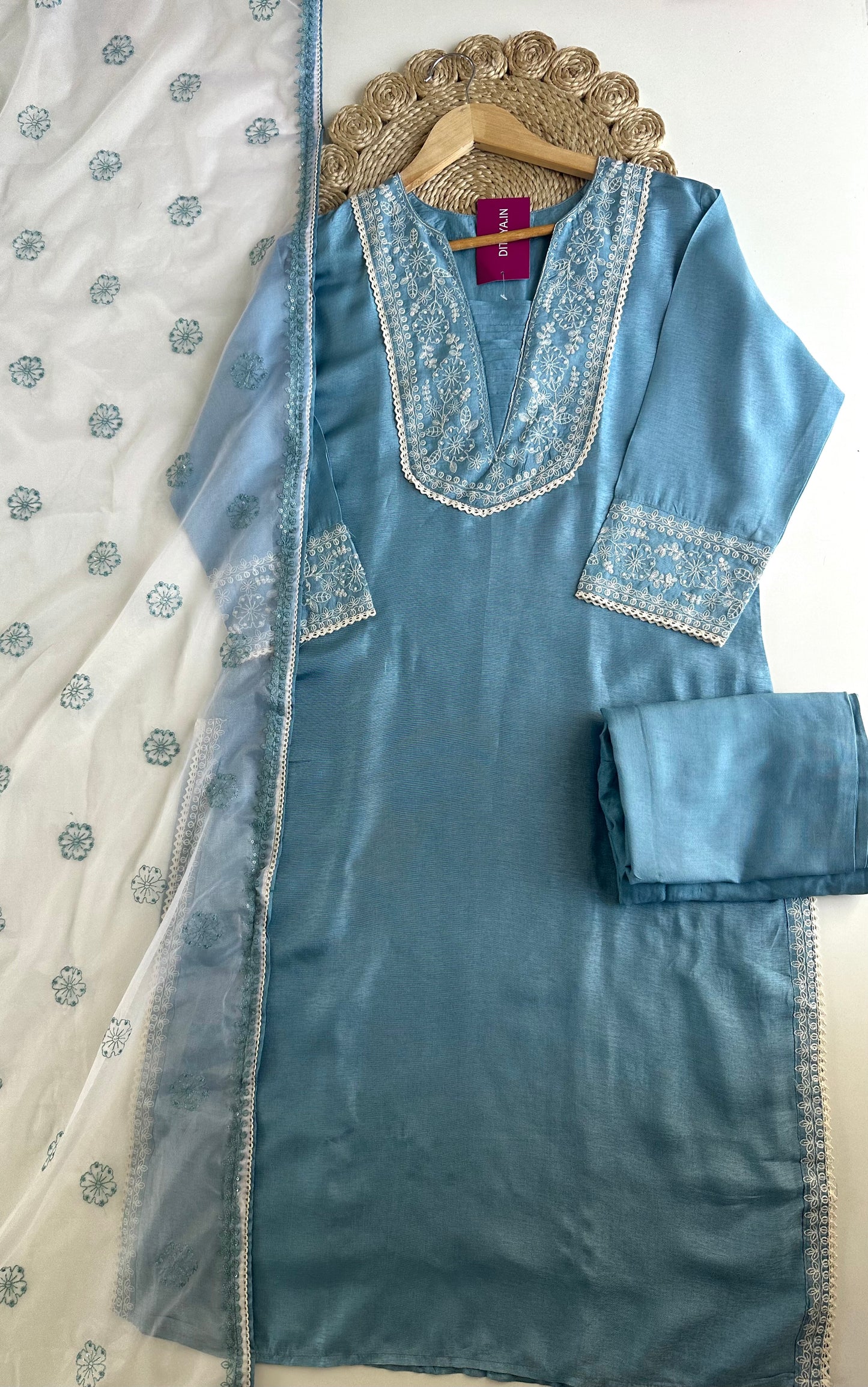 K028 - Russian silk embroidered straight Kurti with pants and dupatta