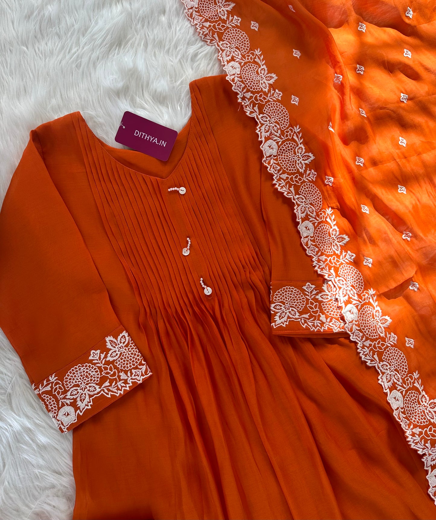 K319 - Muslin silk embroidered Aline Kurti with pants and dupatta in 2 colours