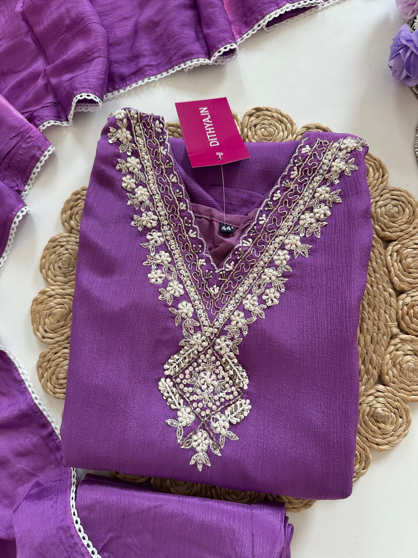 D116 - Chinnon silk straight kurti with pants and dupatta