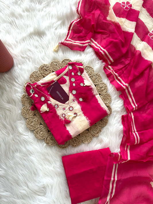 K337 - Cotton mirror work straight Kurti with pants and dupatta in 2 colours