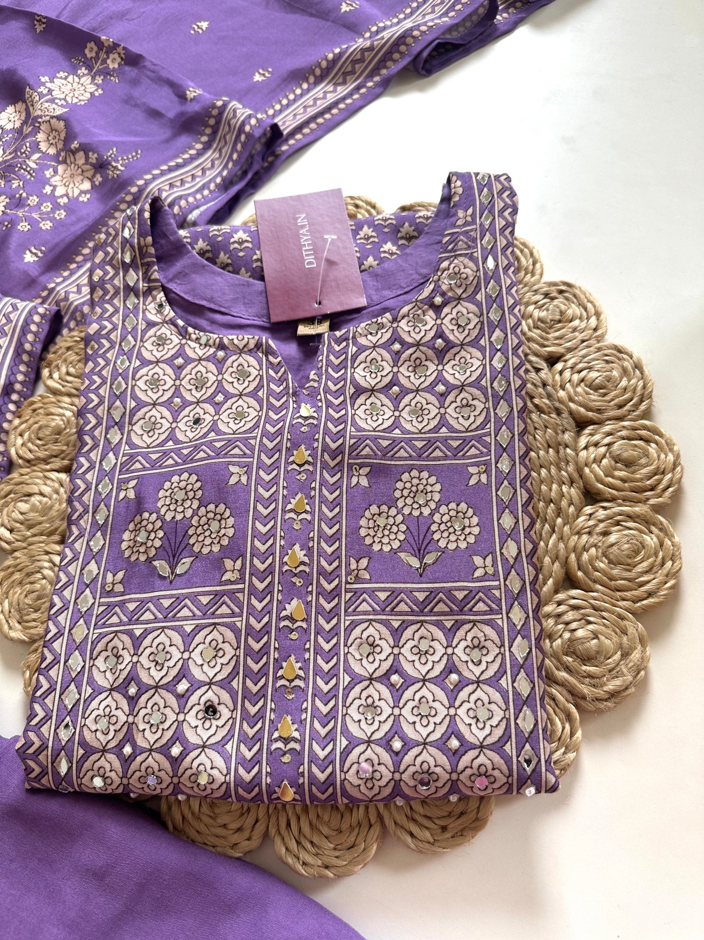 K102 - Muslin silk Printed Handwork straight kurti with pants and dupatta .