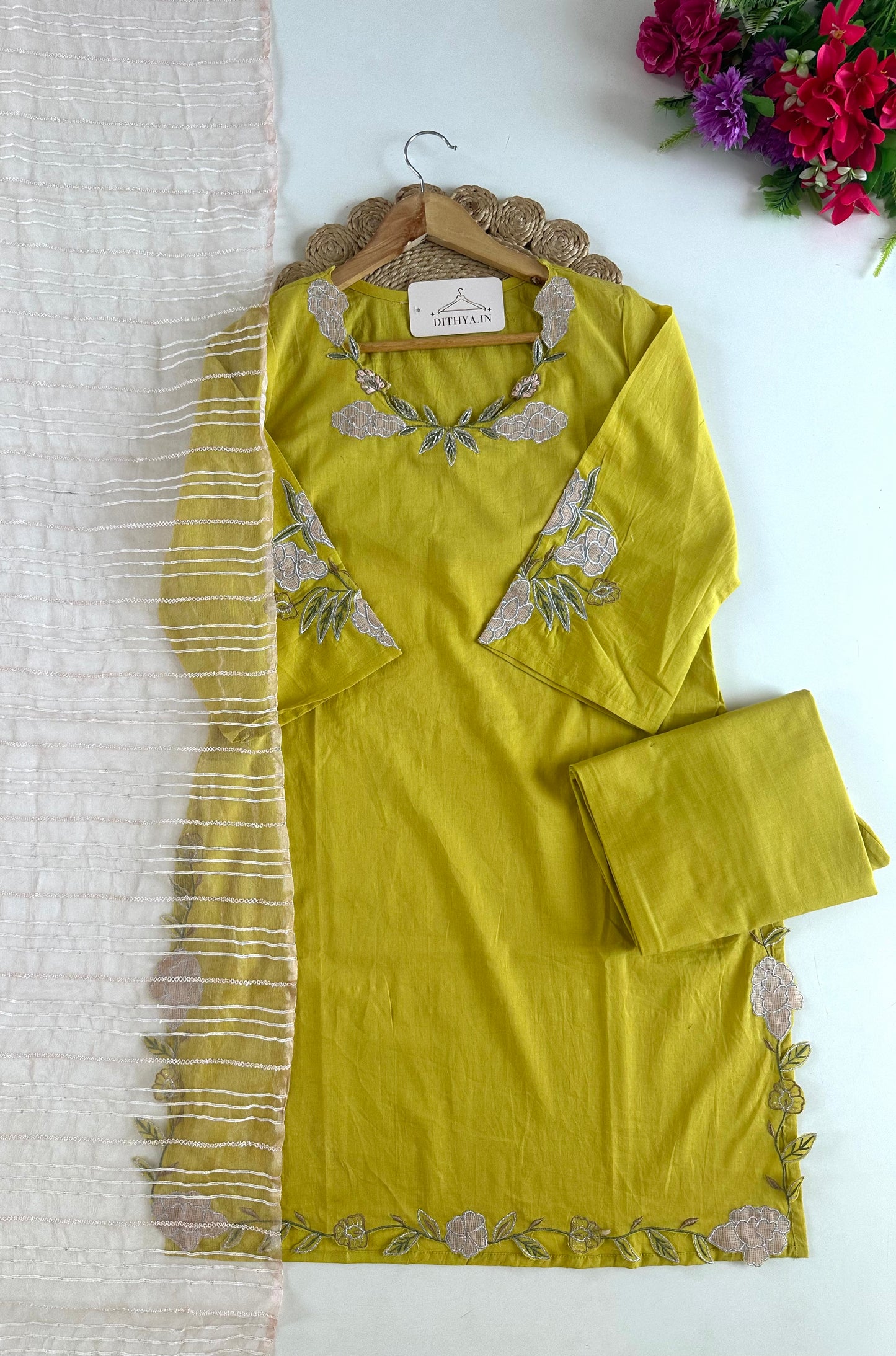 K271 - Mul cotton embroidered straight Kurti with pants and dupatta