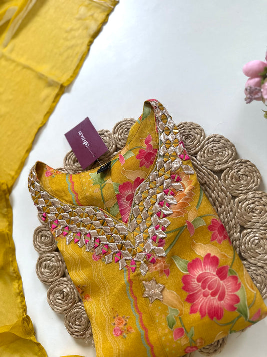 K239 - Chinnon Floral Gota work kurti with palazzo and dupatta.