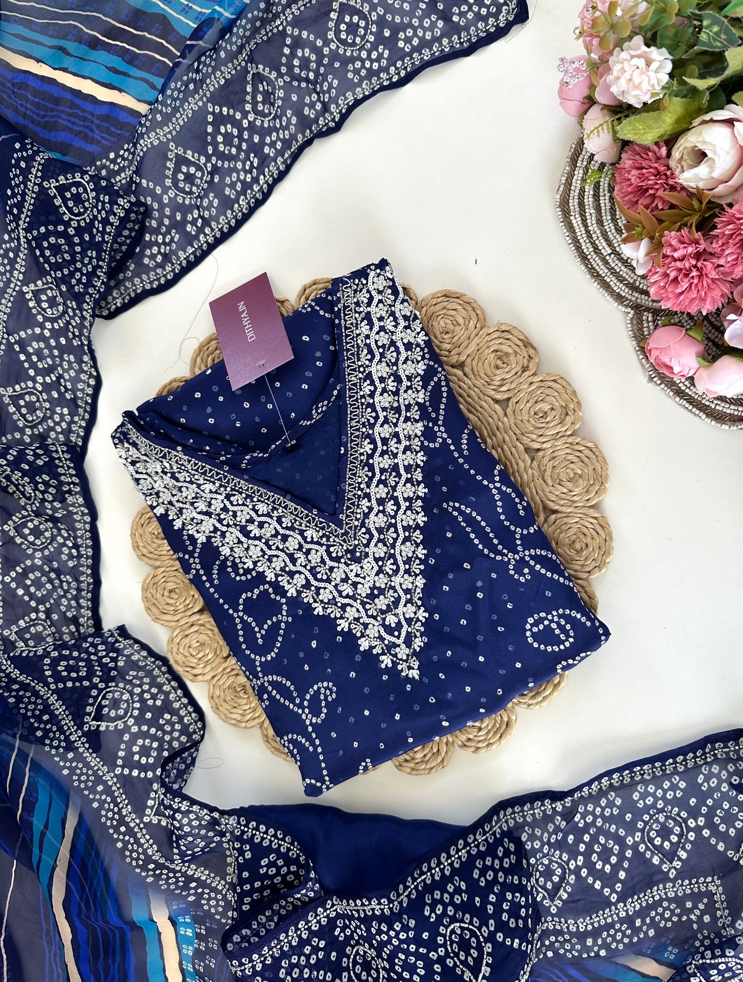 K174 - Pure crape handwork straight Kurti with pants and dupatta in 2 colours