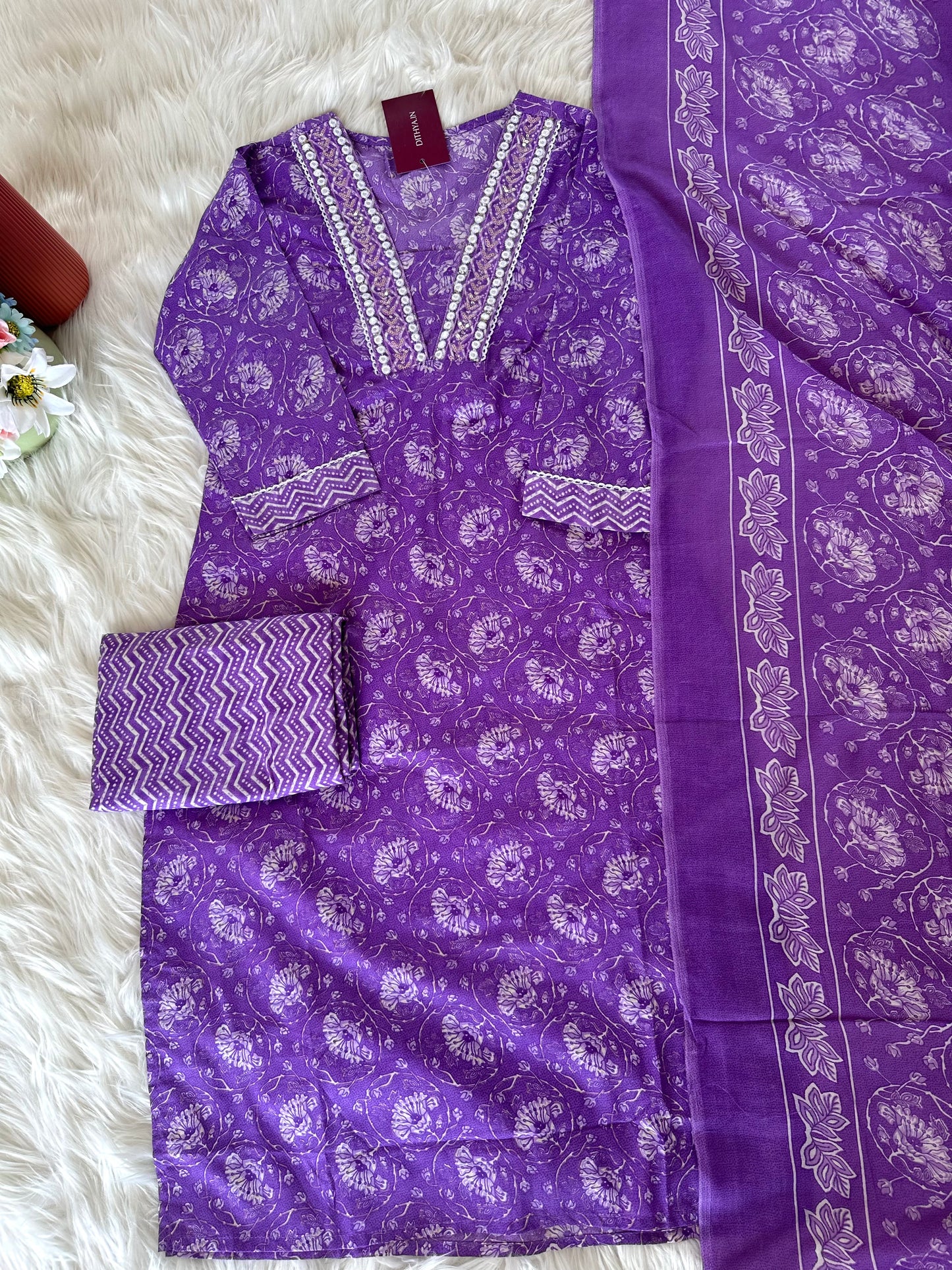 K373 - Cotton printed straight Kurti with pants and dupatta