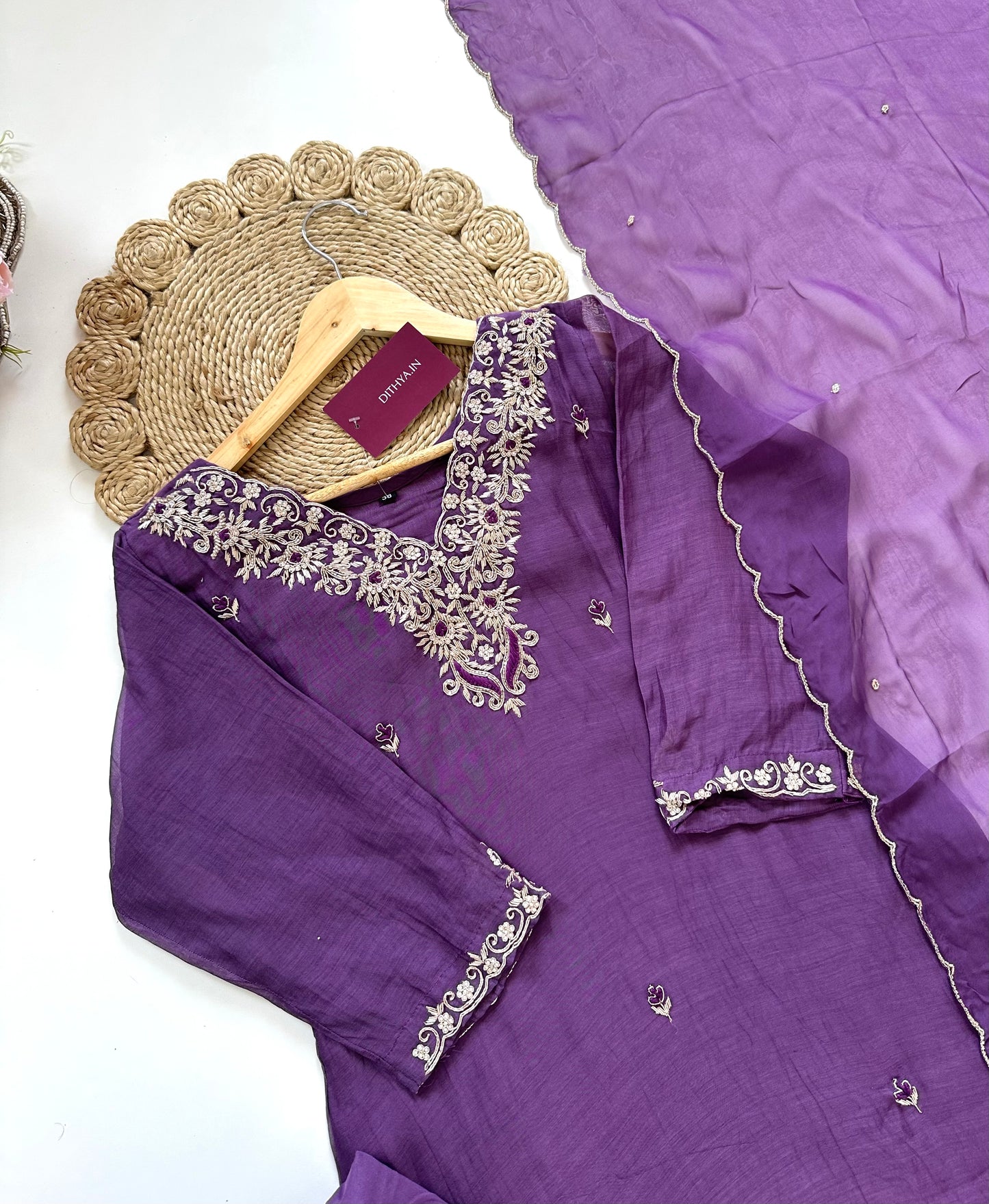 K126 - Zardosi mul Chanderi Aline Kurti with pants and dupatta
