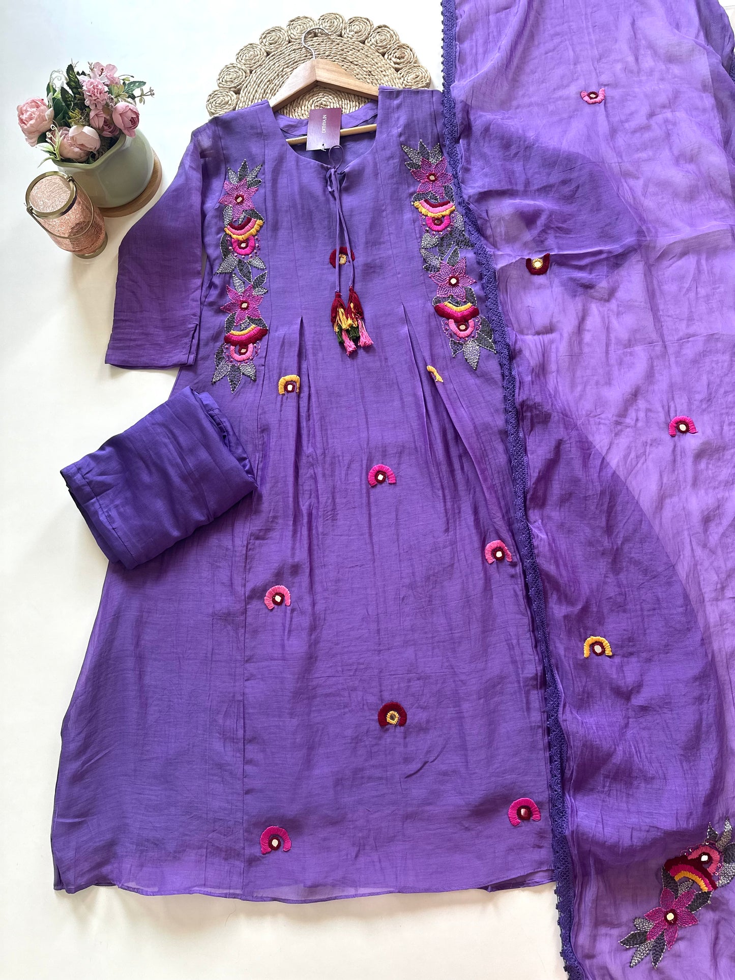 K107 - Mul Chanderi embroidered Aline Kurti with pants and dupatta.
