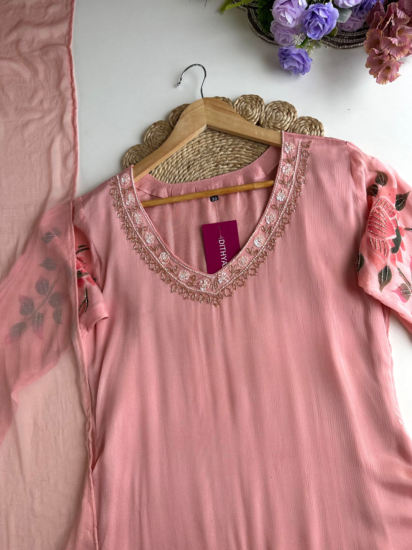 K252 - Chinnon handwork Aline Kurti with pants and dupatta