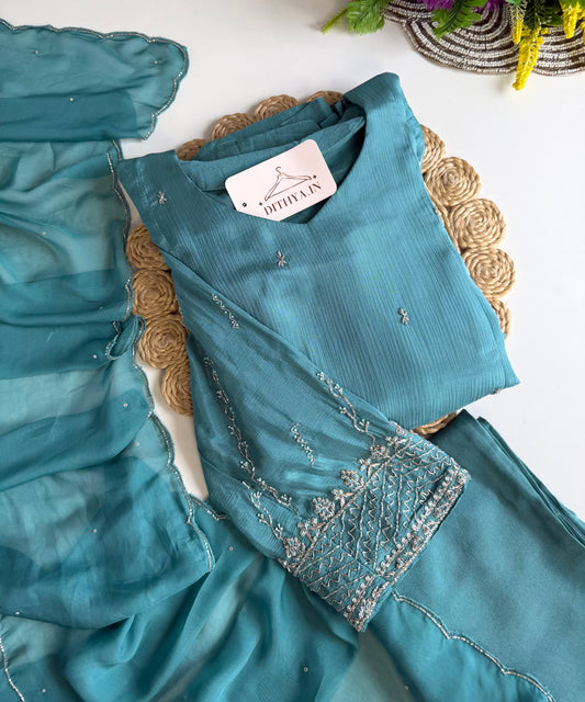 K214 - Pure Chinnon Handwork Anarkali with pants and dupatta