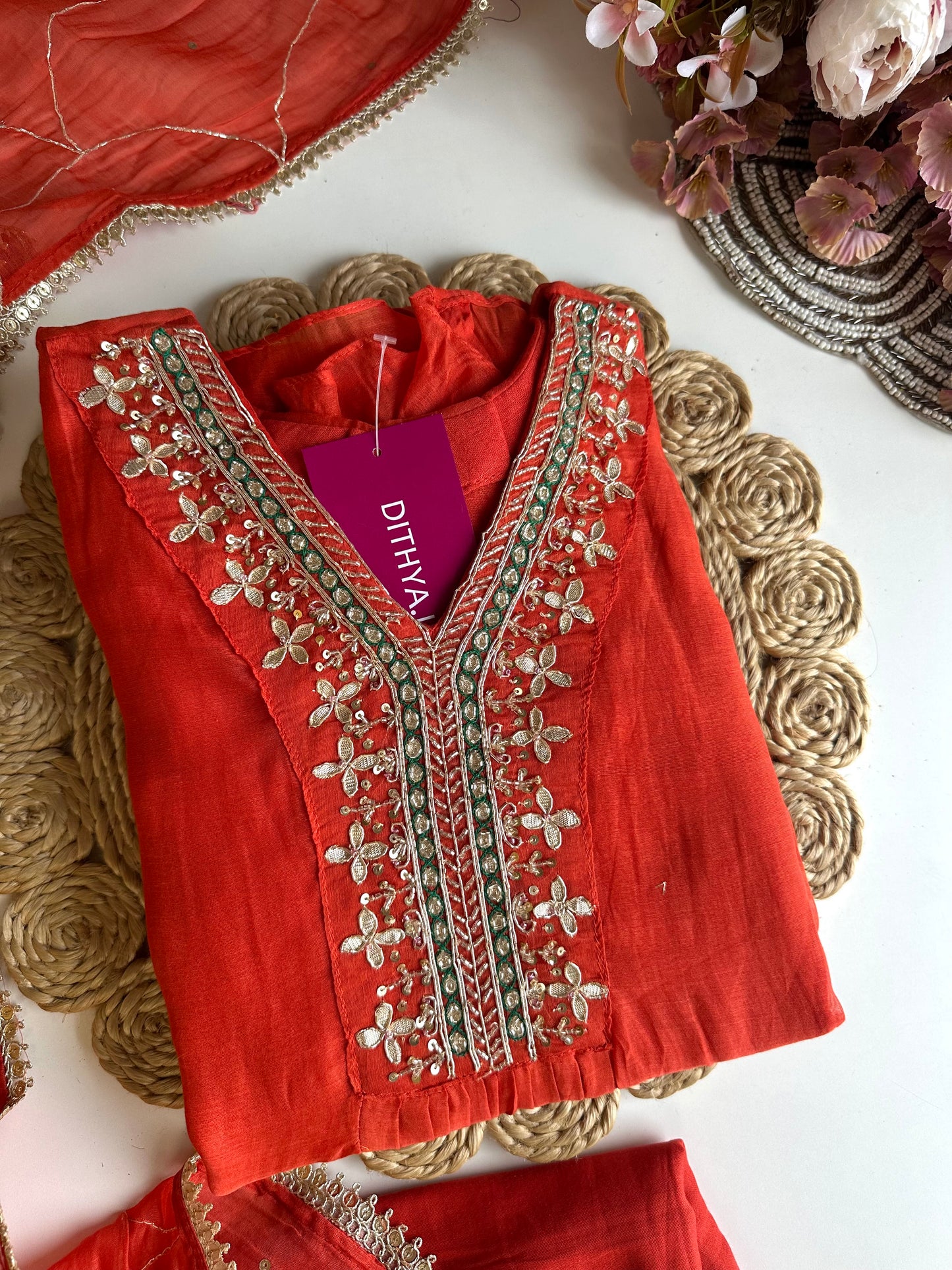 K069 - Mul chanderi handwork Aline Kurti with pants and dupatta