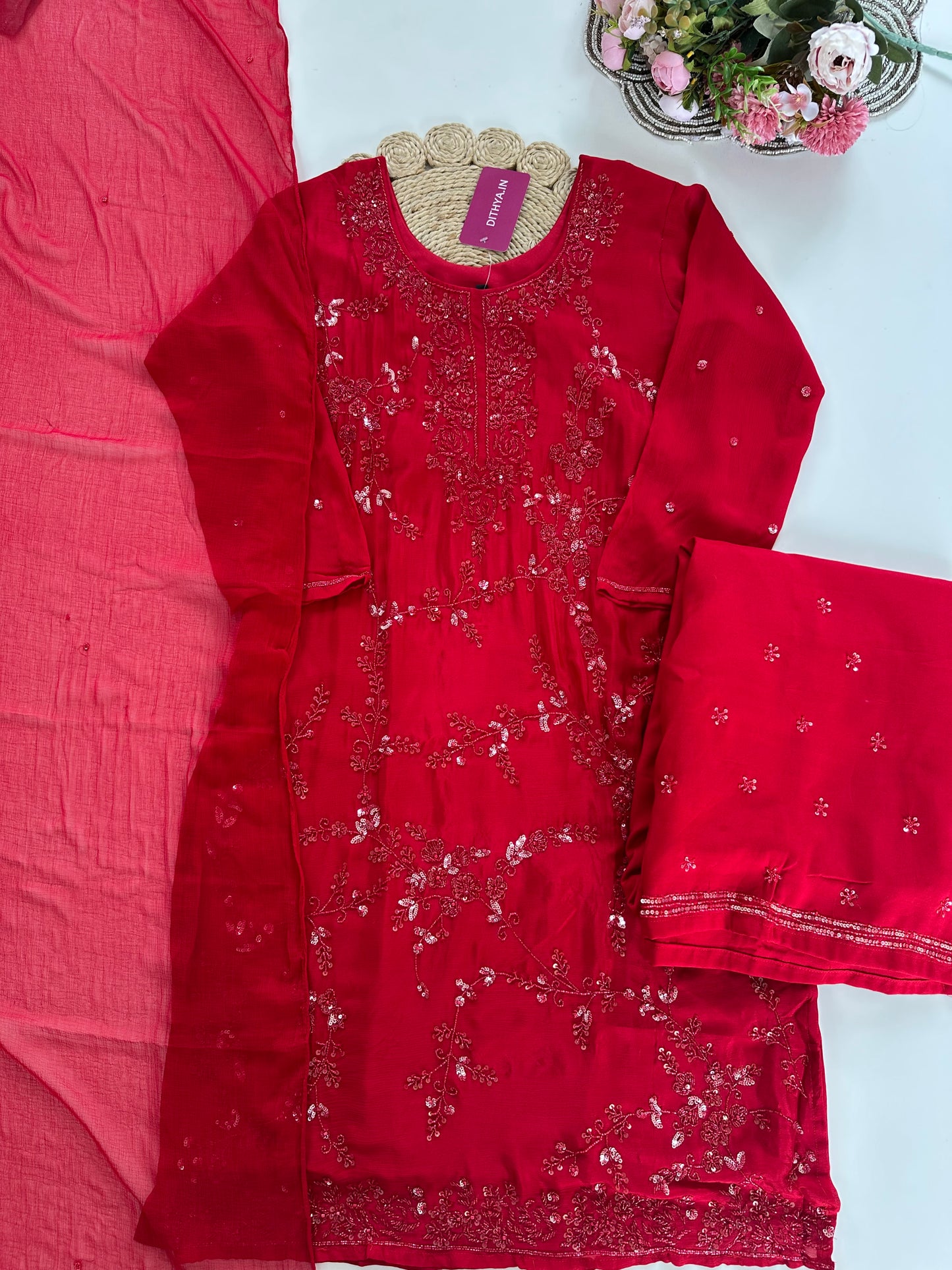K256 - Chinnon Handwork Kurti with palazzo pants and chiffon dupatta