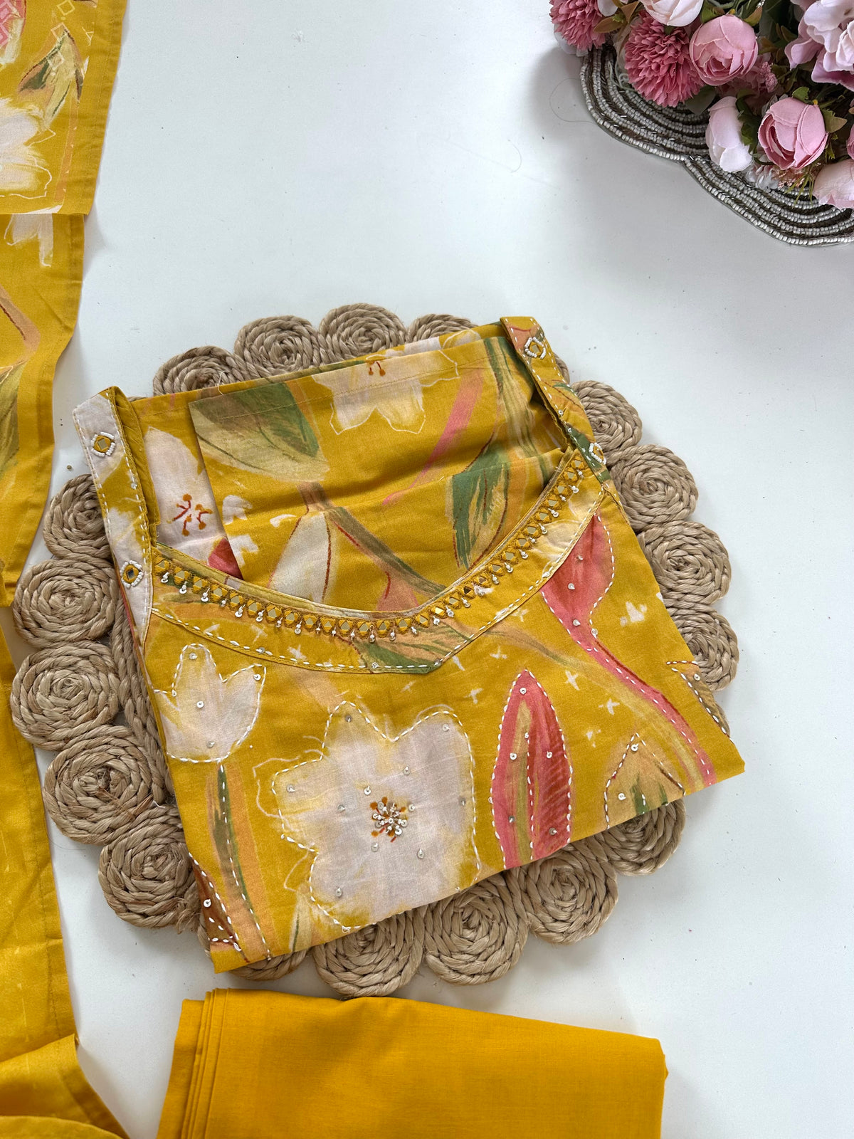 K250 - Cotton Strap handwork straight Kurti with pants and dupatta in 3 colours