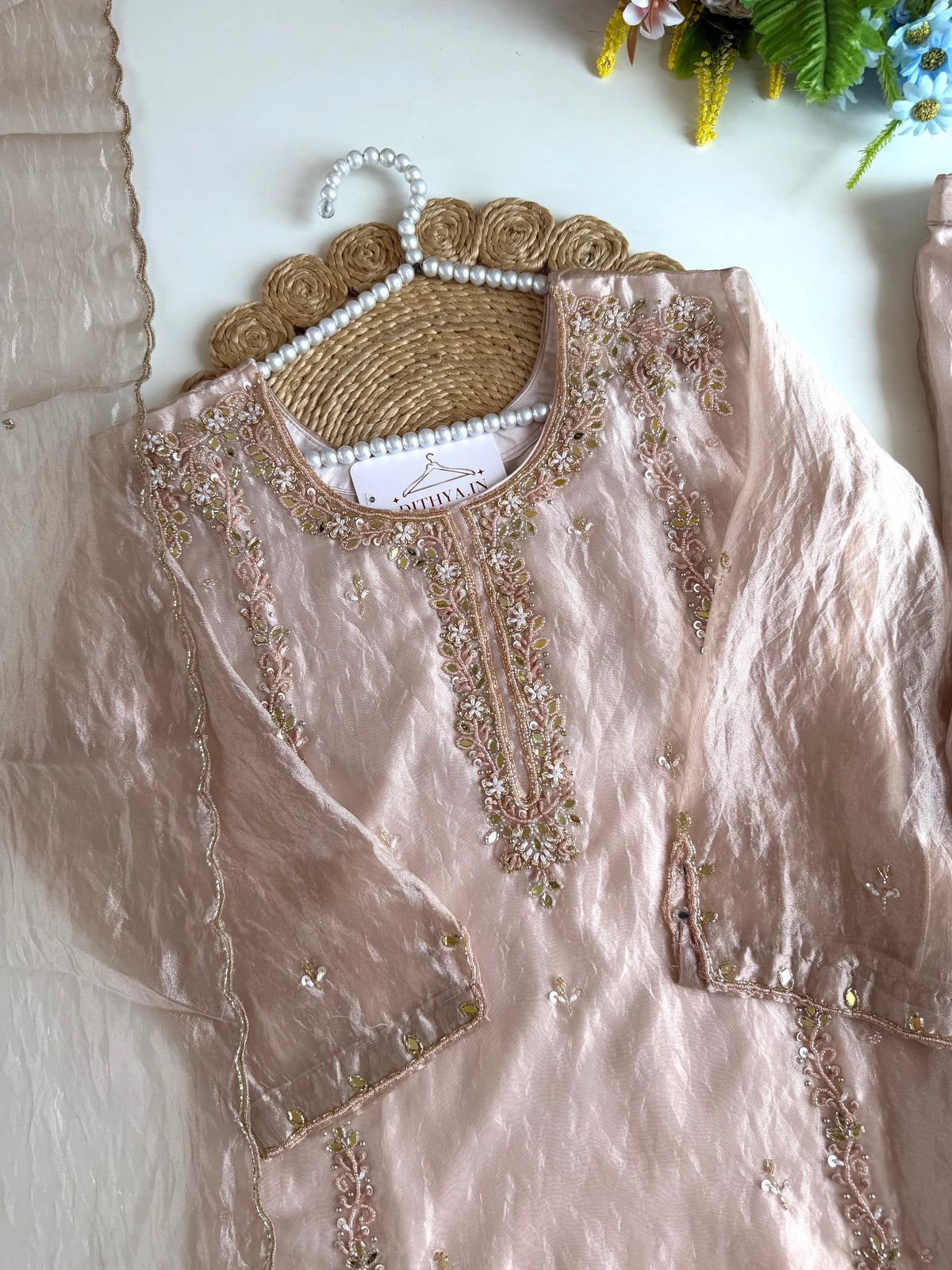 K045 - Glass tissue handwork short Kurti with divider pants and dupatta