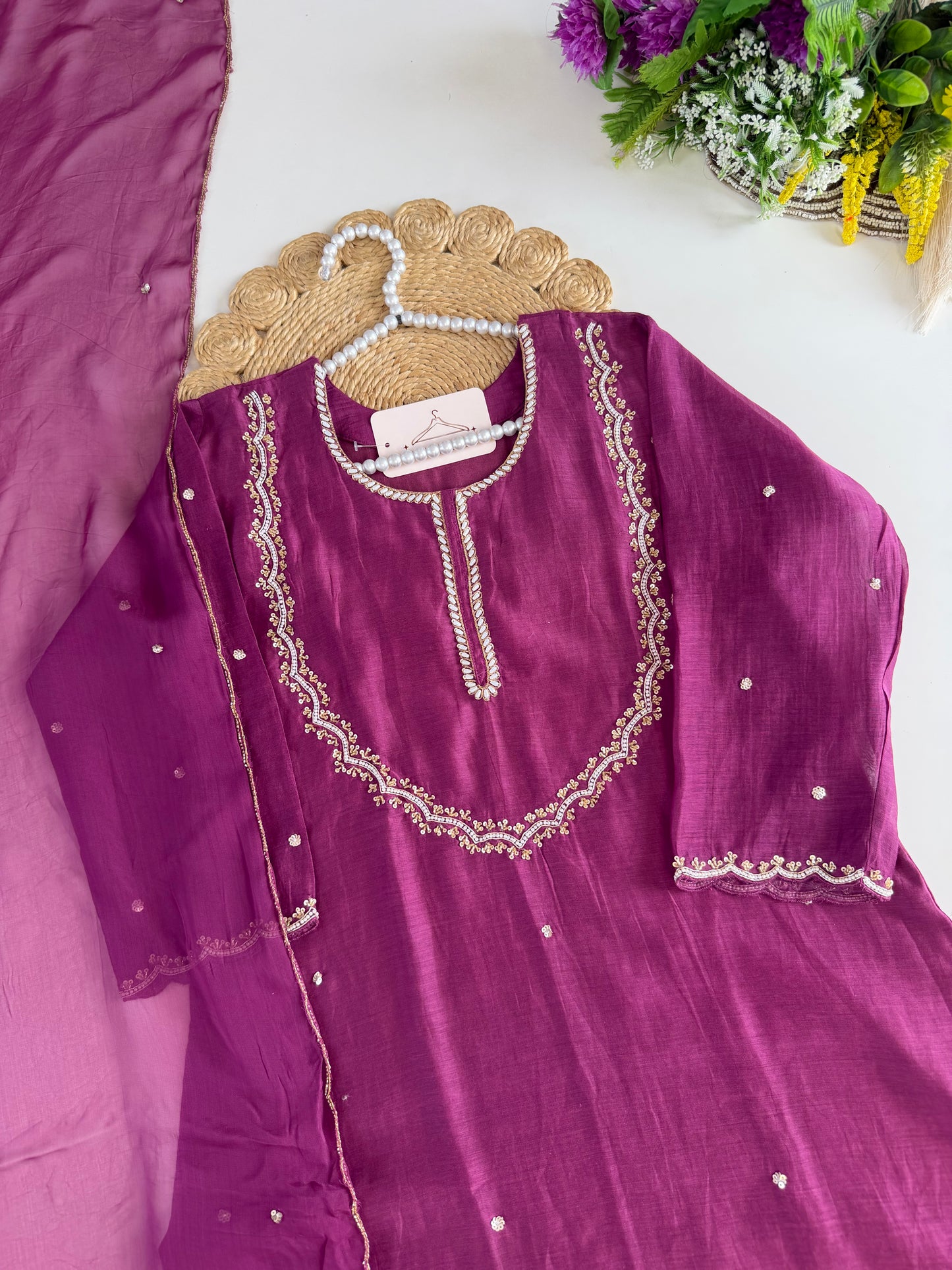 K533 - Mul chanderi handwork aline Kurti with pants and dupatta