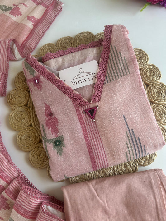 K543 - Linen embroidered straight Kurti with pants and dupatta