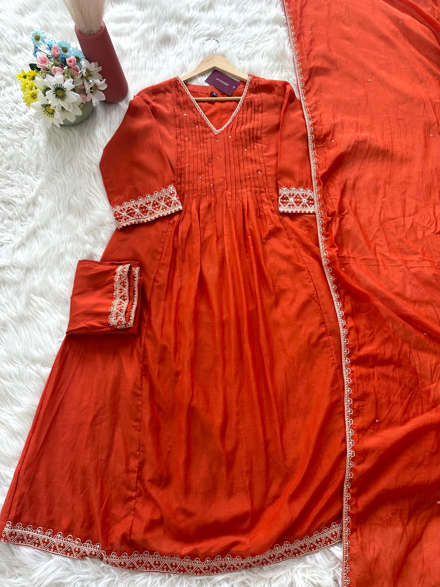 K369 - Mul Chanderi zari work Aline Kurti with pants and dupatta in 2 colours