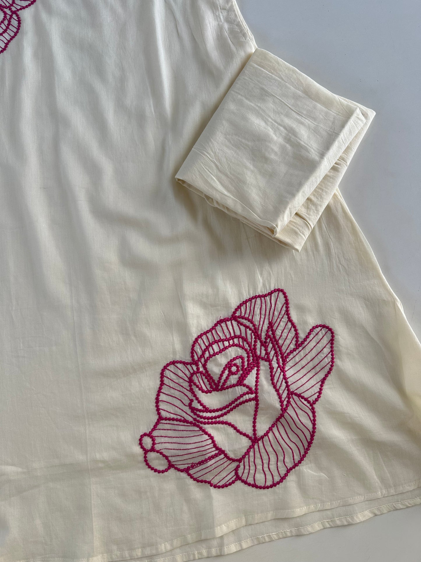 K449 - Mul cotton embroidered Aline Kurti with pants and dupatta