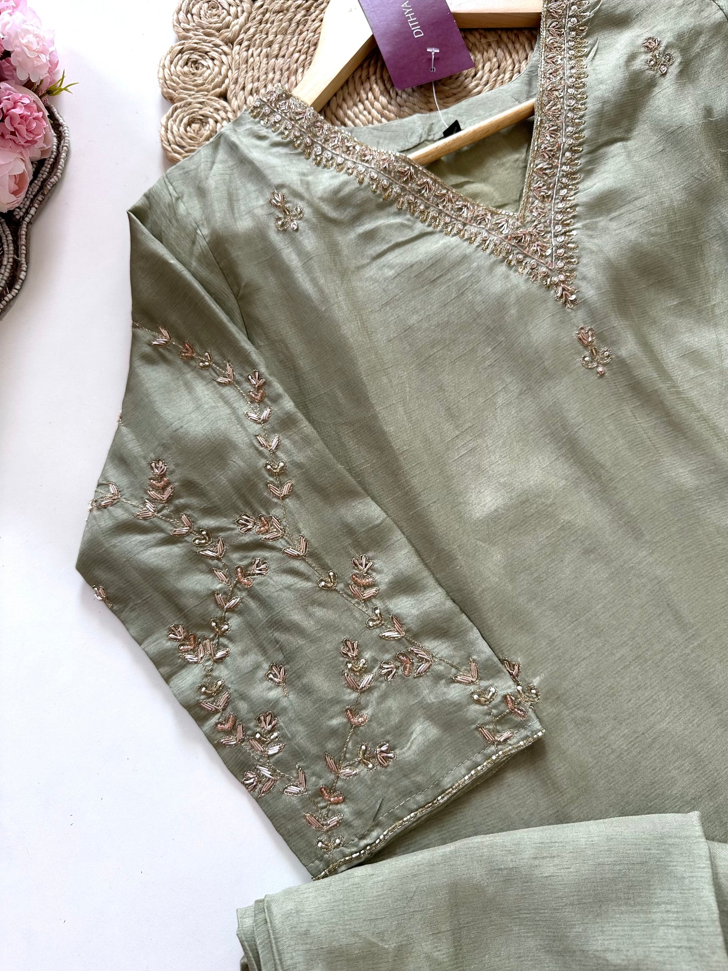 K291 - Russian silk handwork Straight kurti with pants and dupatta