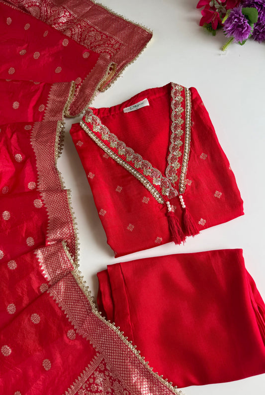 K519 - Jacquard silk straight Kurti with pants and dupatta in 2 colours