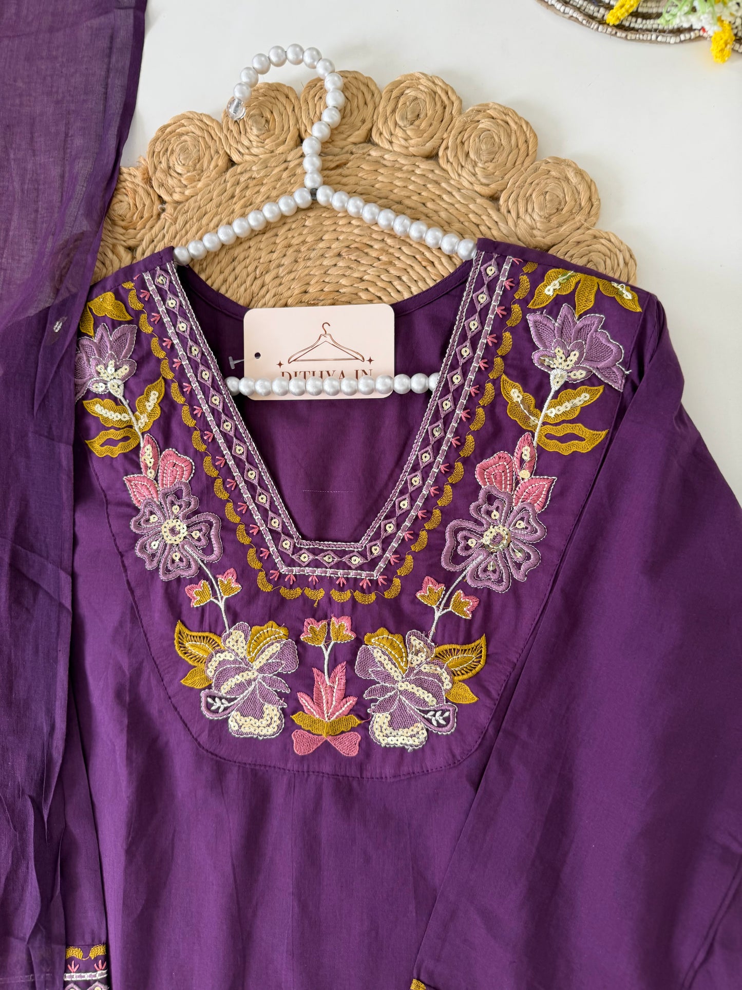 K100 - Mul cotton embroidered aline Kurti with pants and dupatta in 2 colours