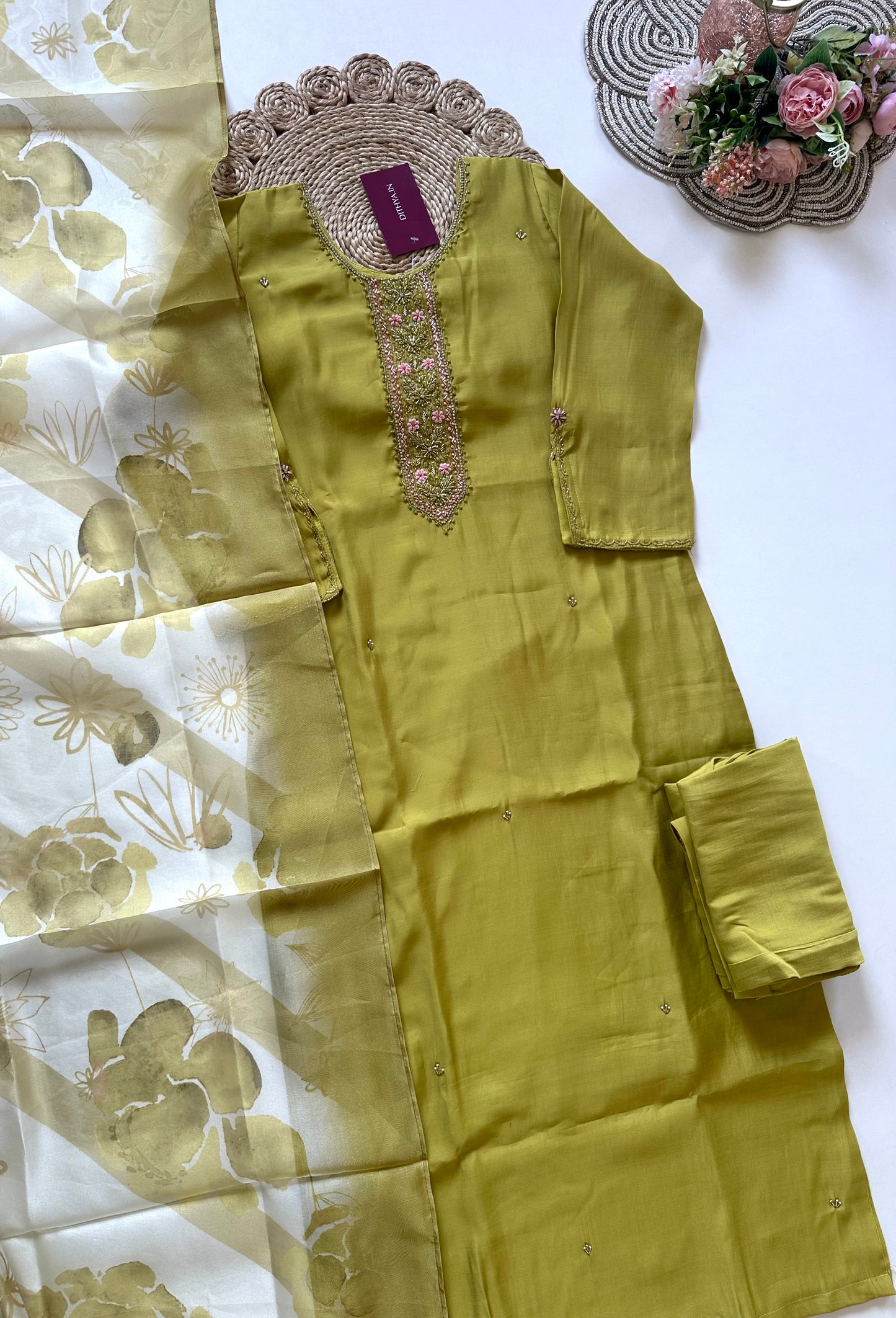 K198 - Roman silk handwork straight kurti with pants and dupatta in 2 colours.