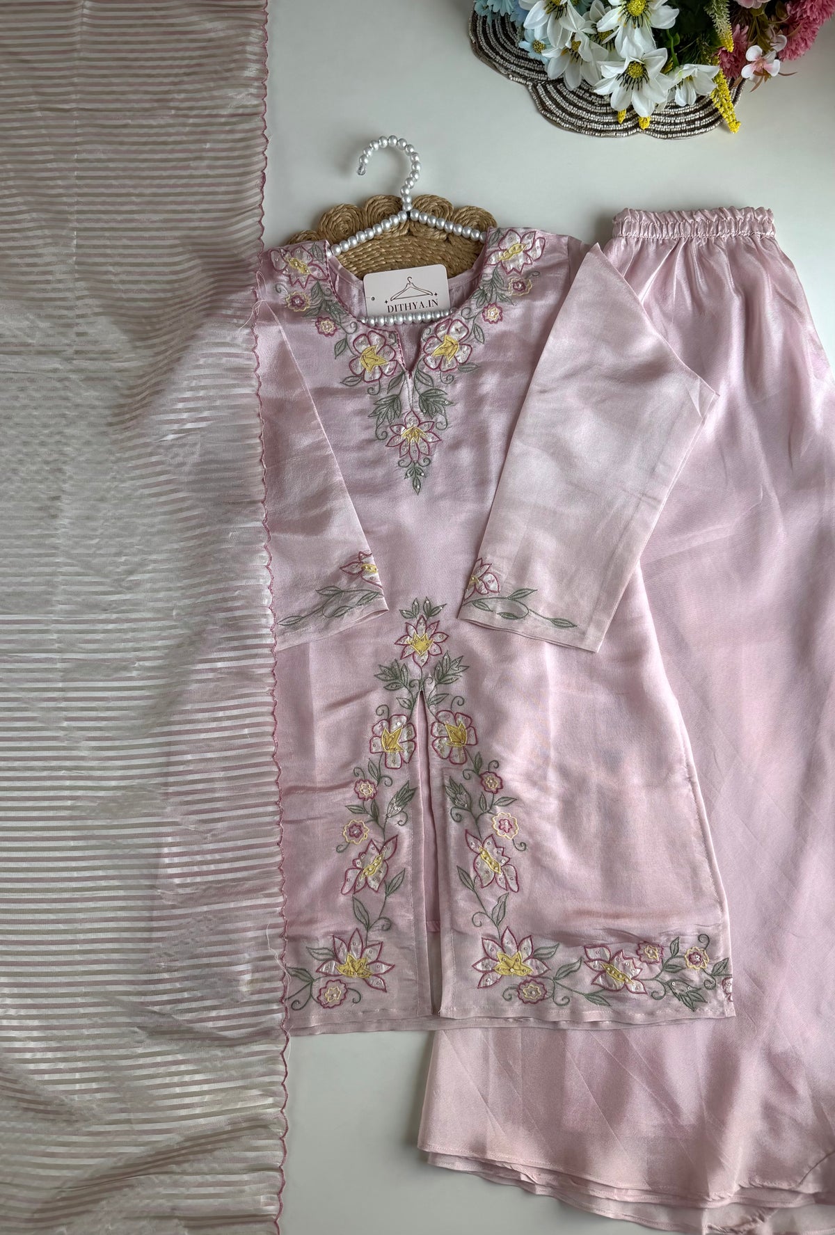 K548 - Tissue silk appliqué handwork short Kurti with divider pants and dupatta