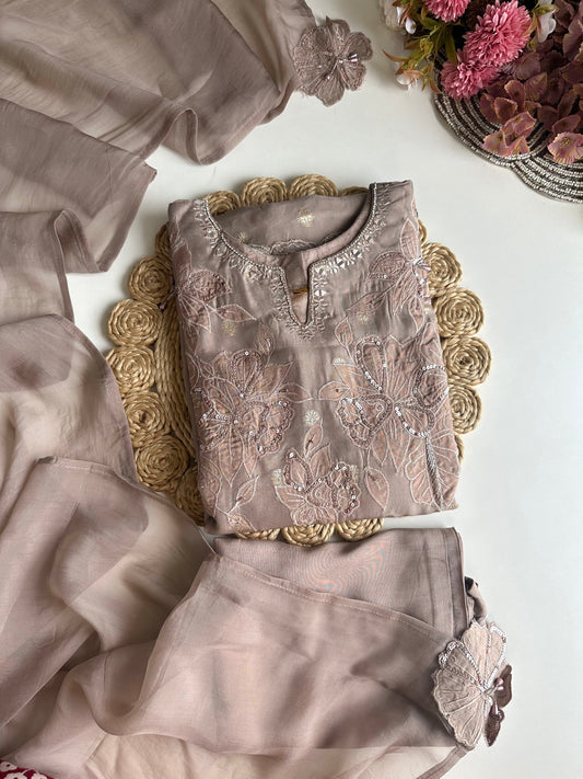 K455 - Organza handwork Aline Kurti with pants and dupatta