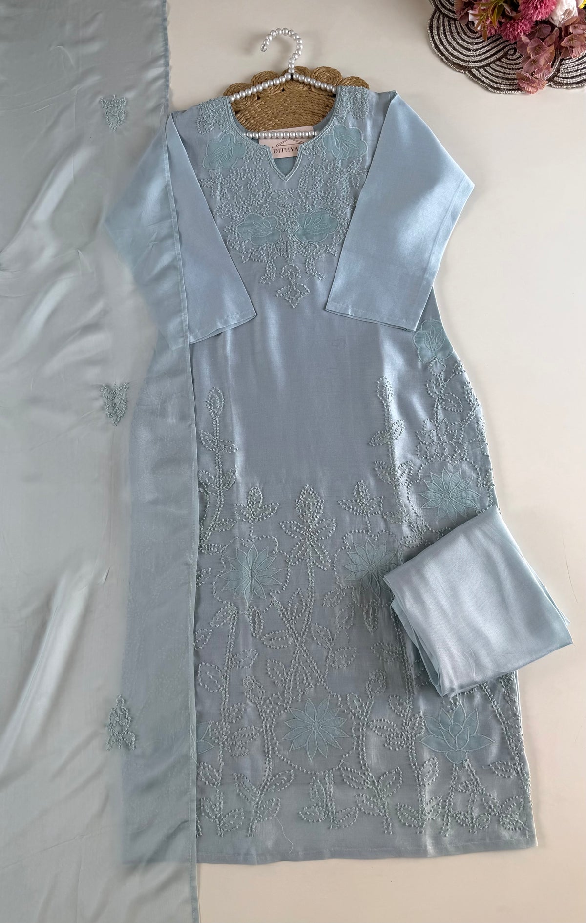 K628 - Chanderi silk knot appliqué work straight Kurti with pants and dupatta